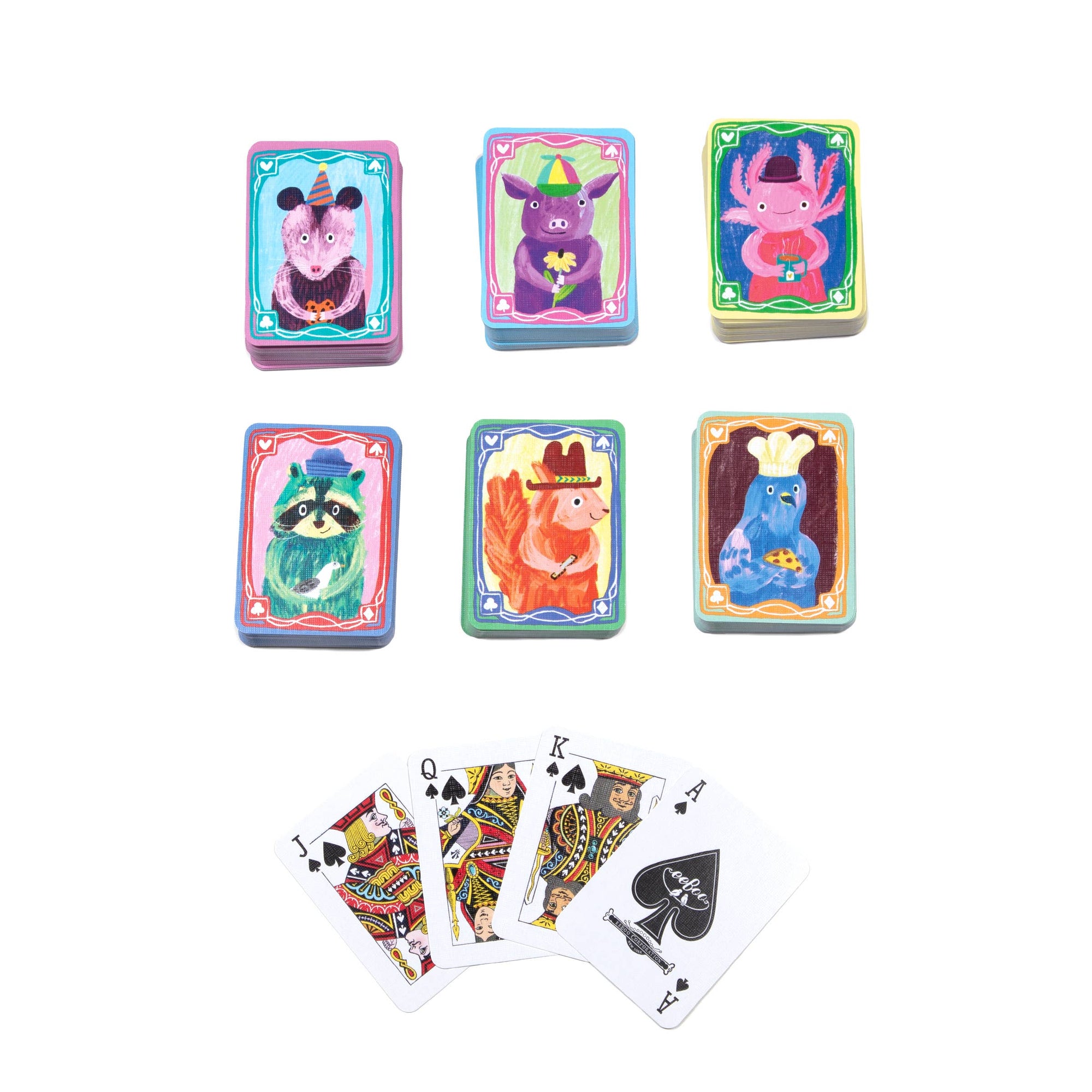 Set of playing cards with animal illustrations on a white background