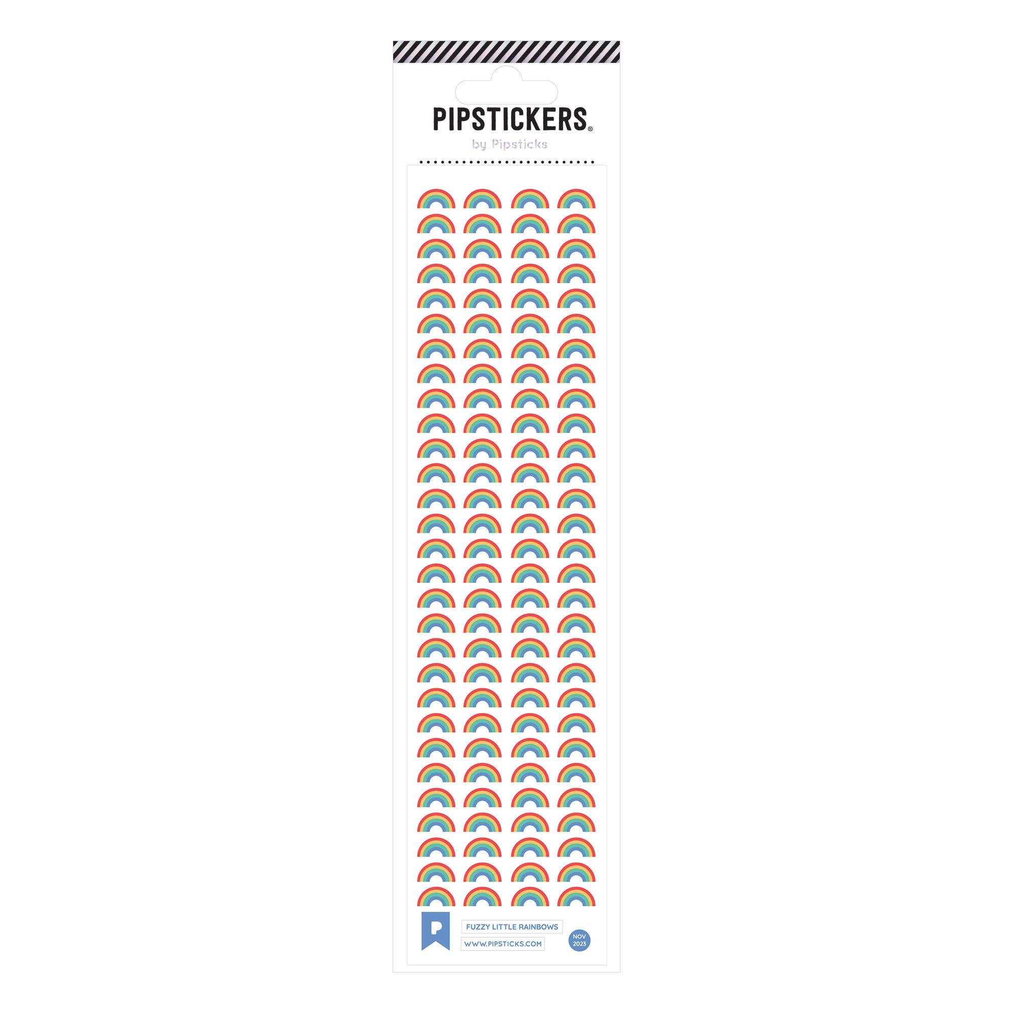 Packaging of PipStickers with rainbow designs on a white background