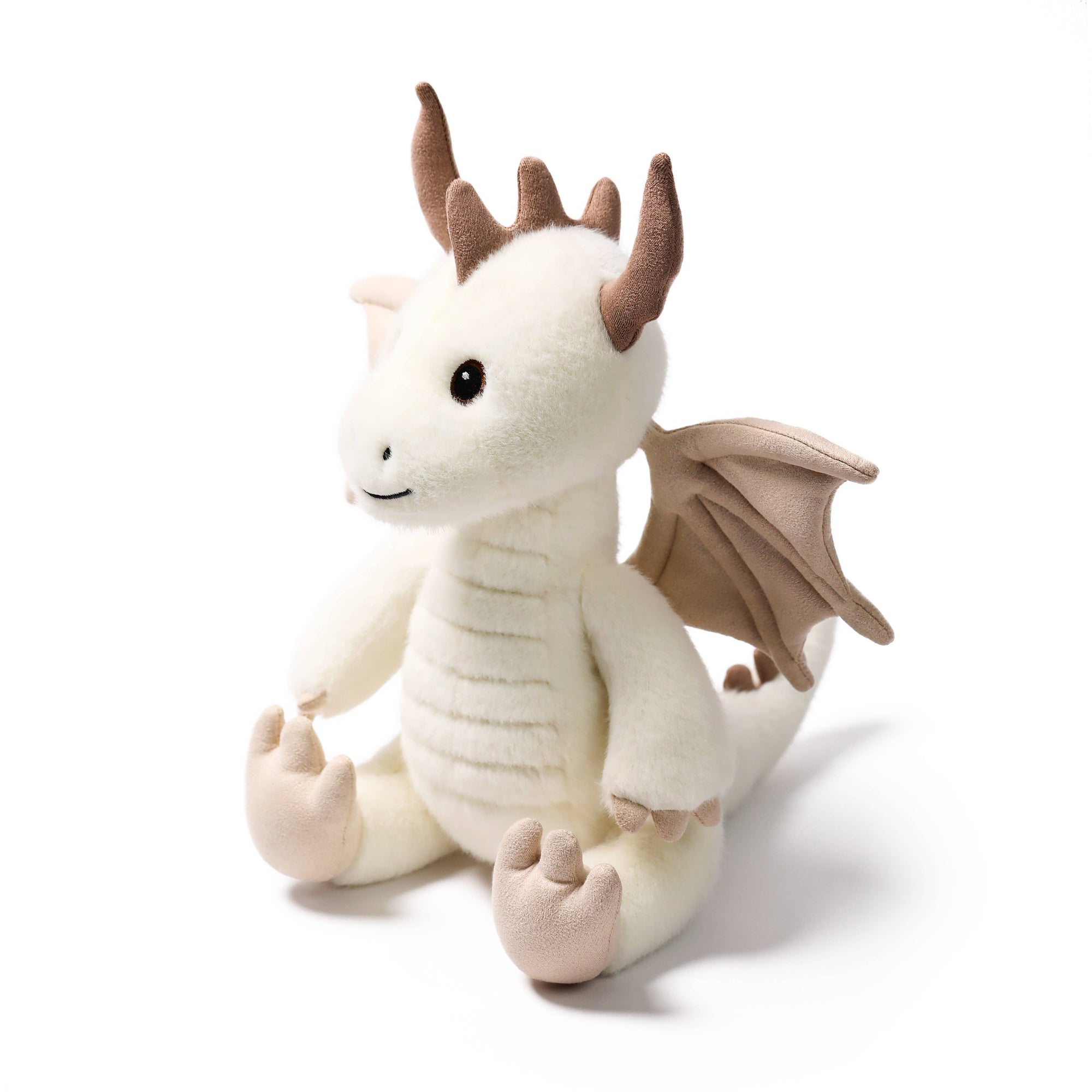 Plush dragon toy with brown accents on a white background
