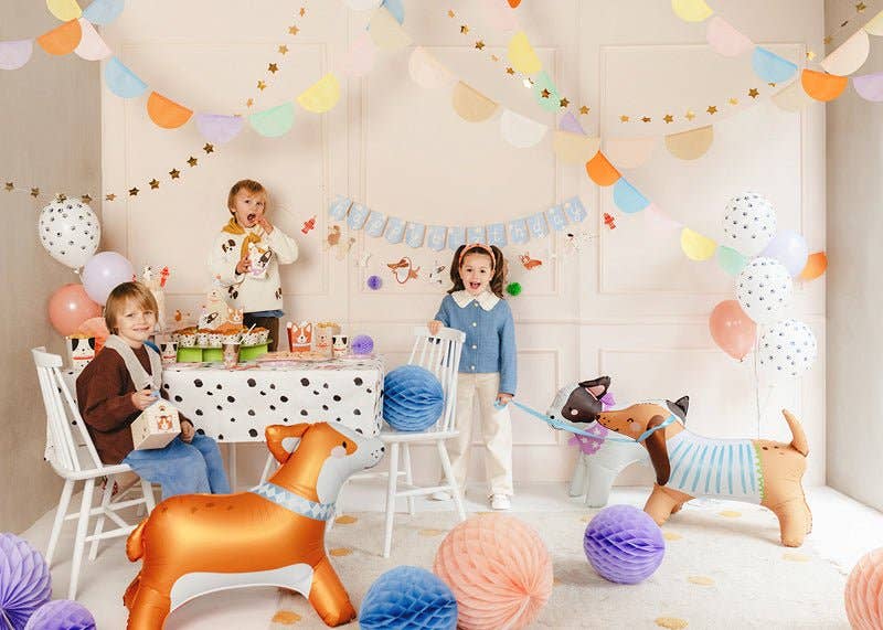 Children's birthday party with decorations and balloons in a room.