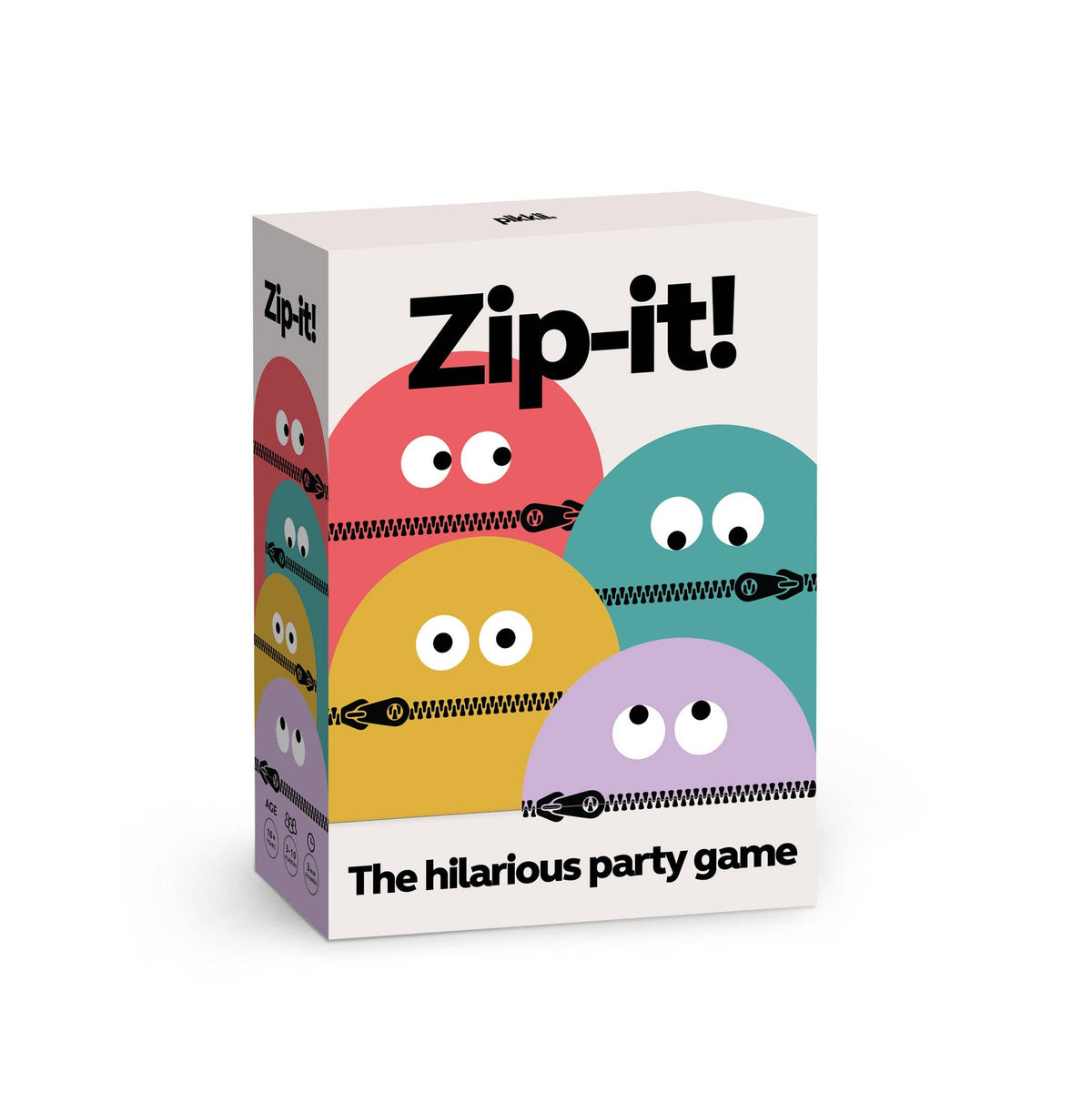 Box of 'Zip-it!' game with colorful character design on a white background