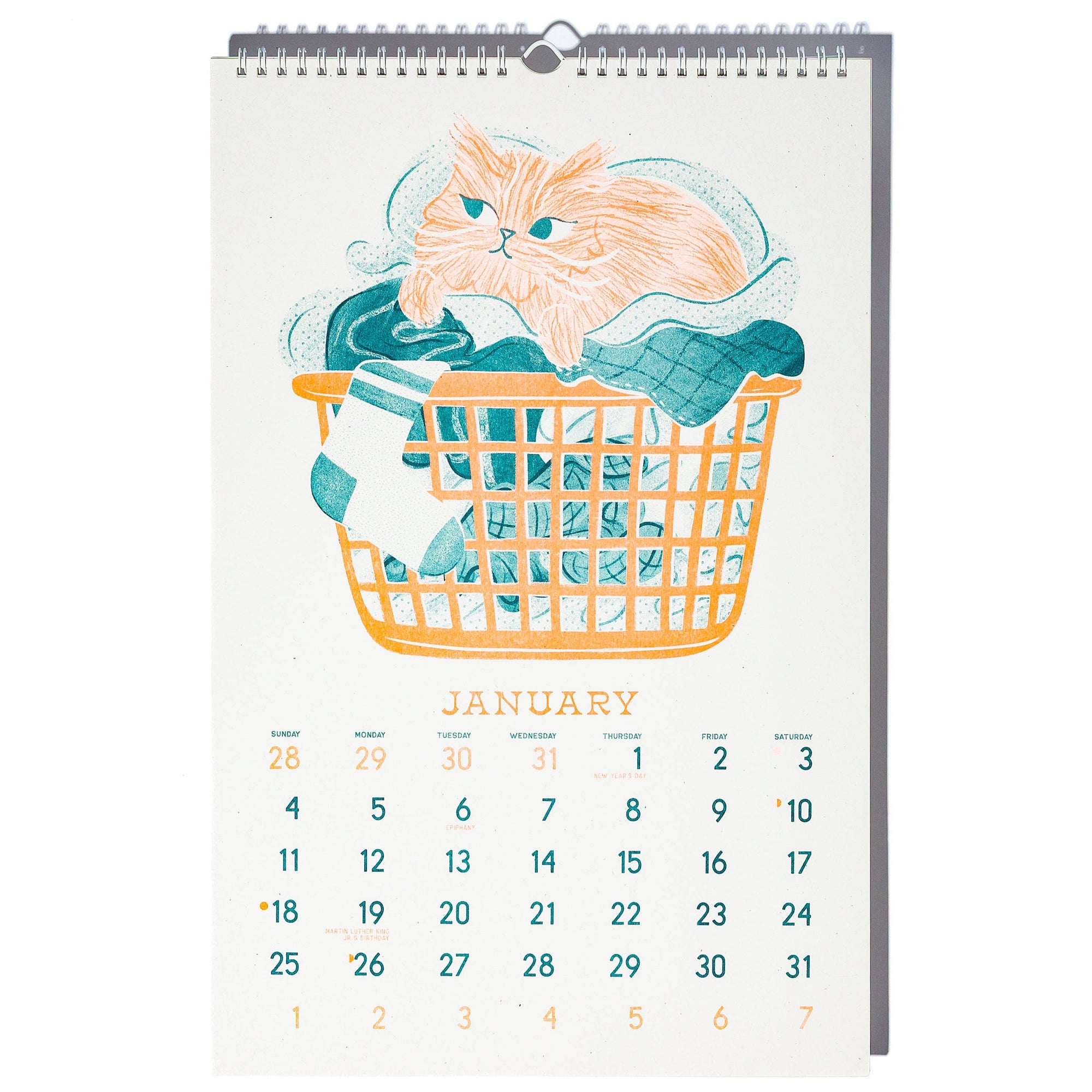 Calendar for January with a cat illustration in a laundry basket on a white background