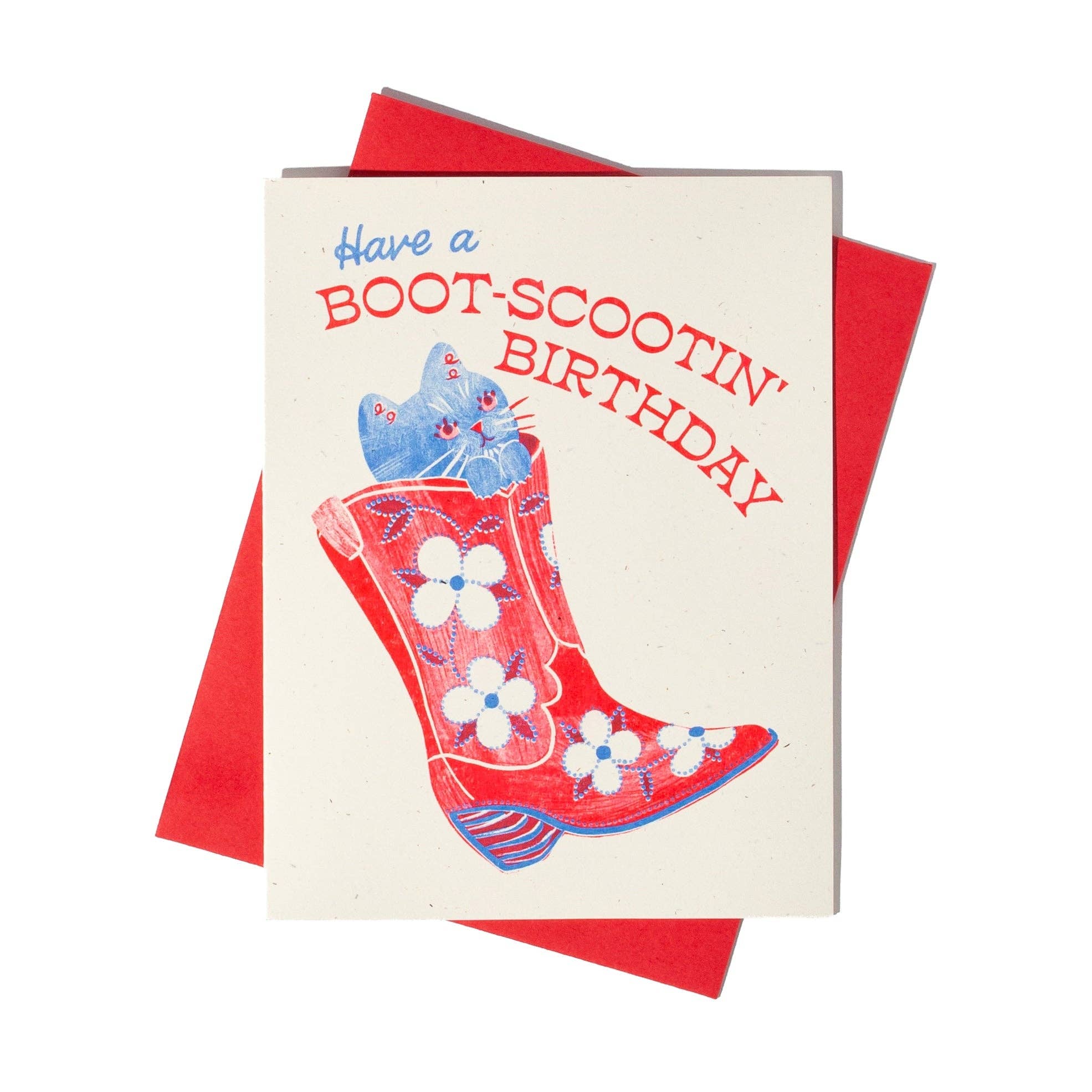 Birthday card with red boot and cat illustration on a white background