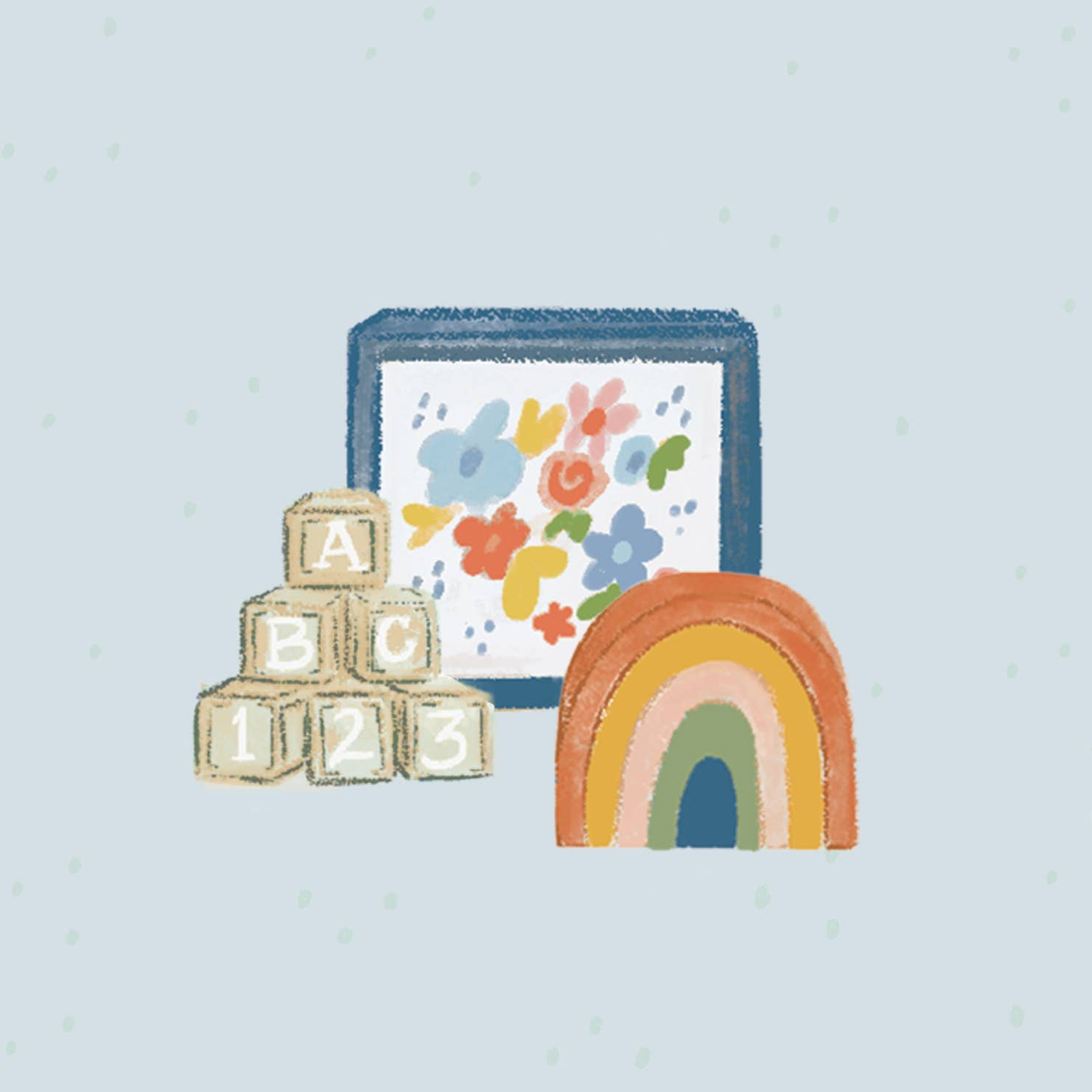 Children's toys including blocks, a rainbow, and a fbox on a light blue background