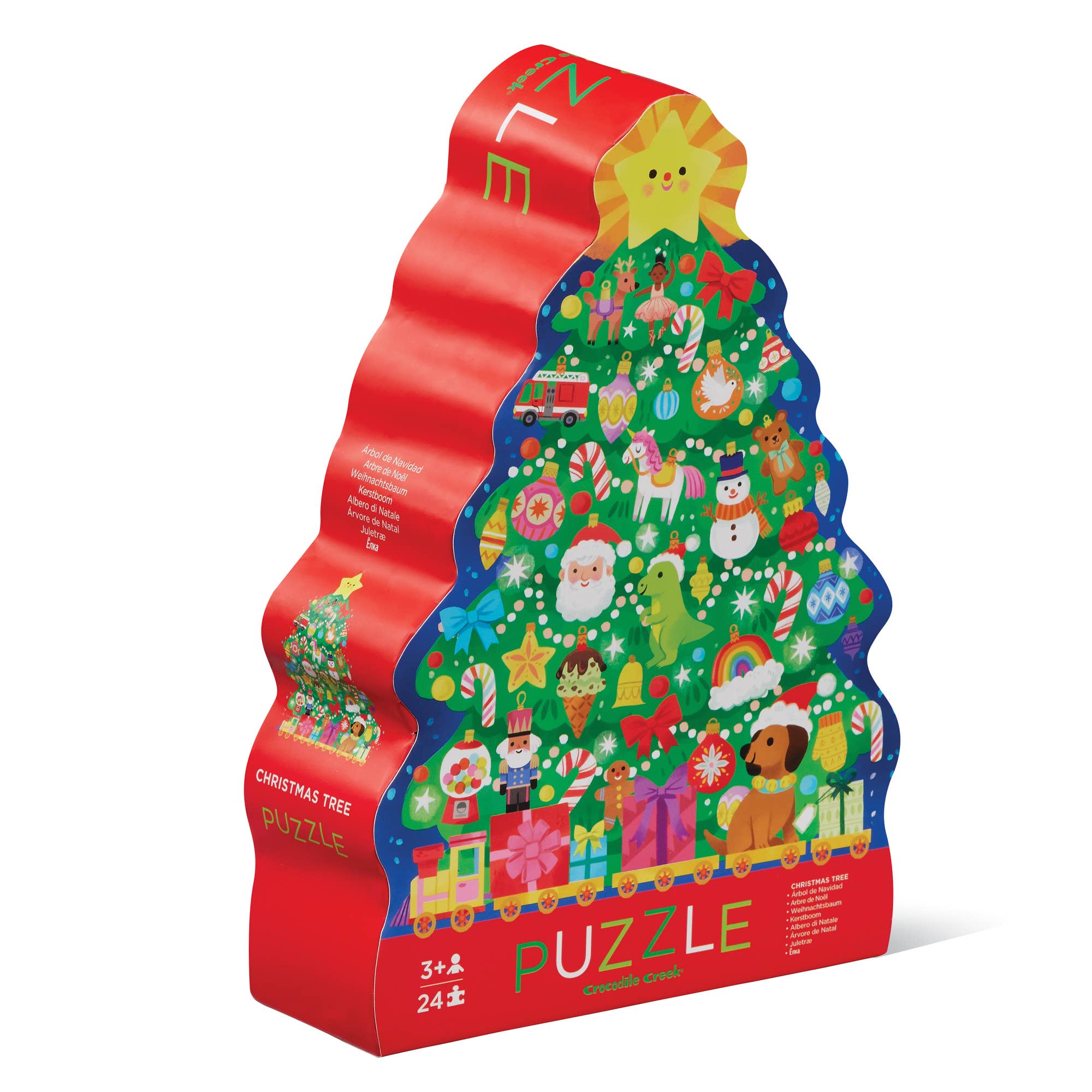 Christmas tree-shaped wooden jigsaw puzzle box with a festive multicolor illustration of holiday characters and ornaments on a white background.