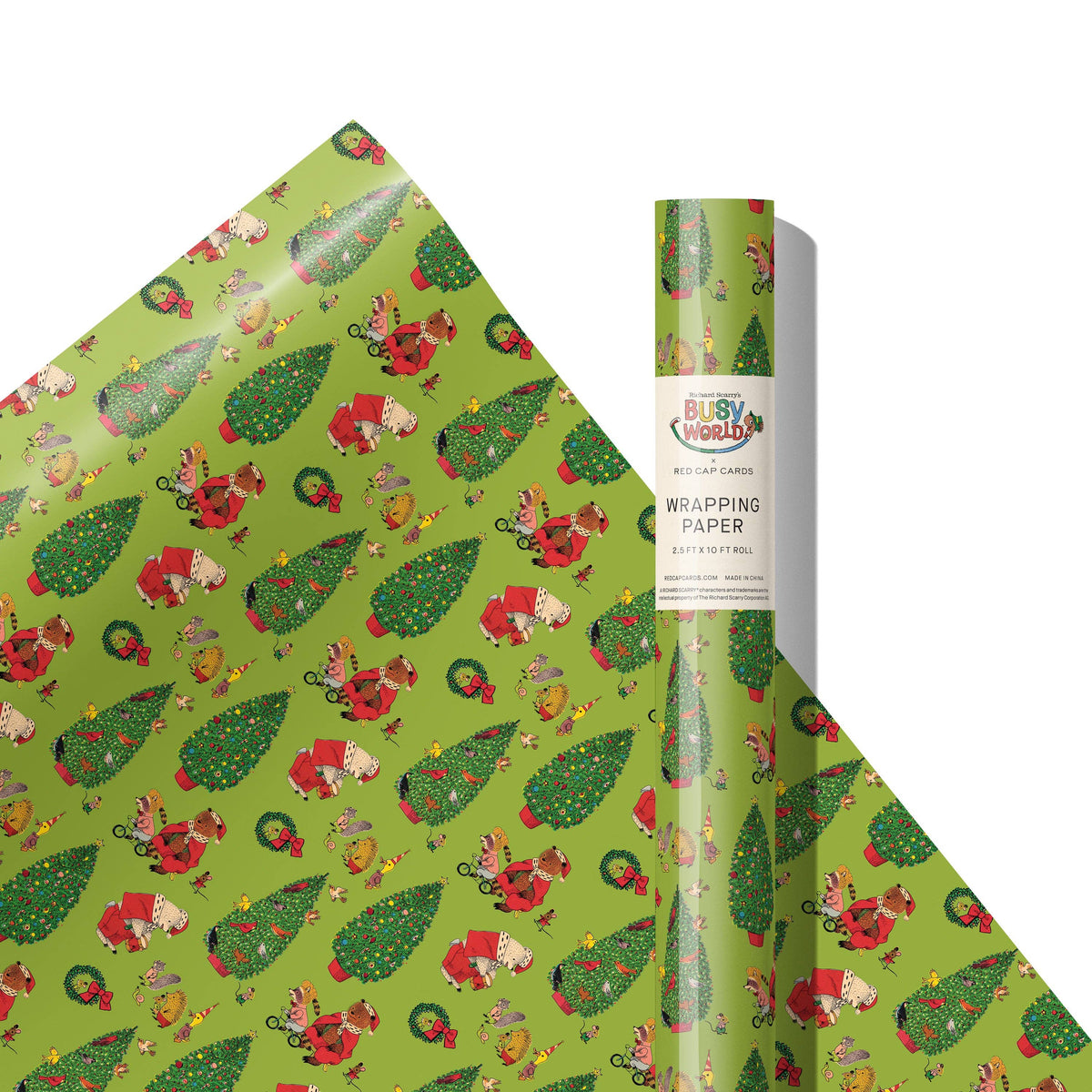 A roll of wrapping paper and a matching sheet displayed on a white background, featuring a festive Christmas pattern with Santa Claus, elves, Christmas trees, and gifts on a light green base. The packaging label on the roll reads 'Blush and Woolly'.