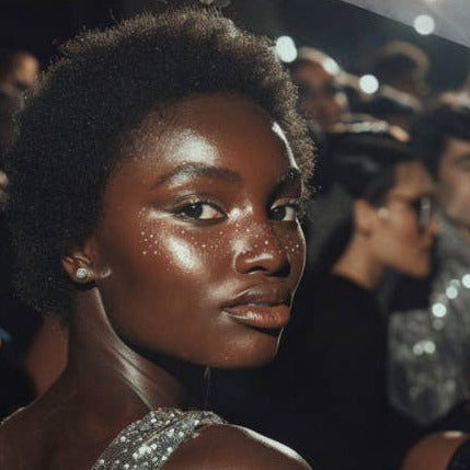 Advertisement for Fazit speckles with a woman wearing them, text about instant glamour.