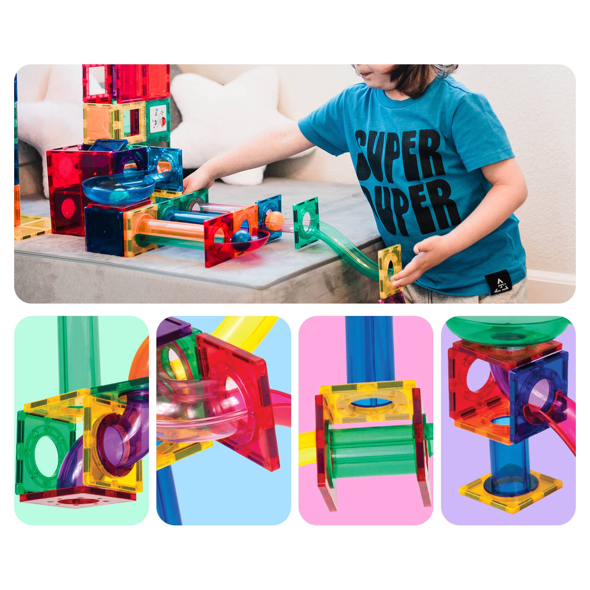 Child playing with colorful magnetic building blocks on a table.