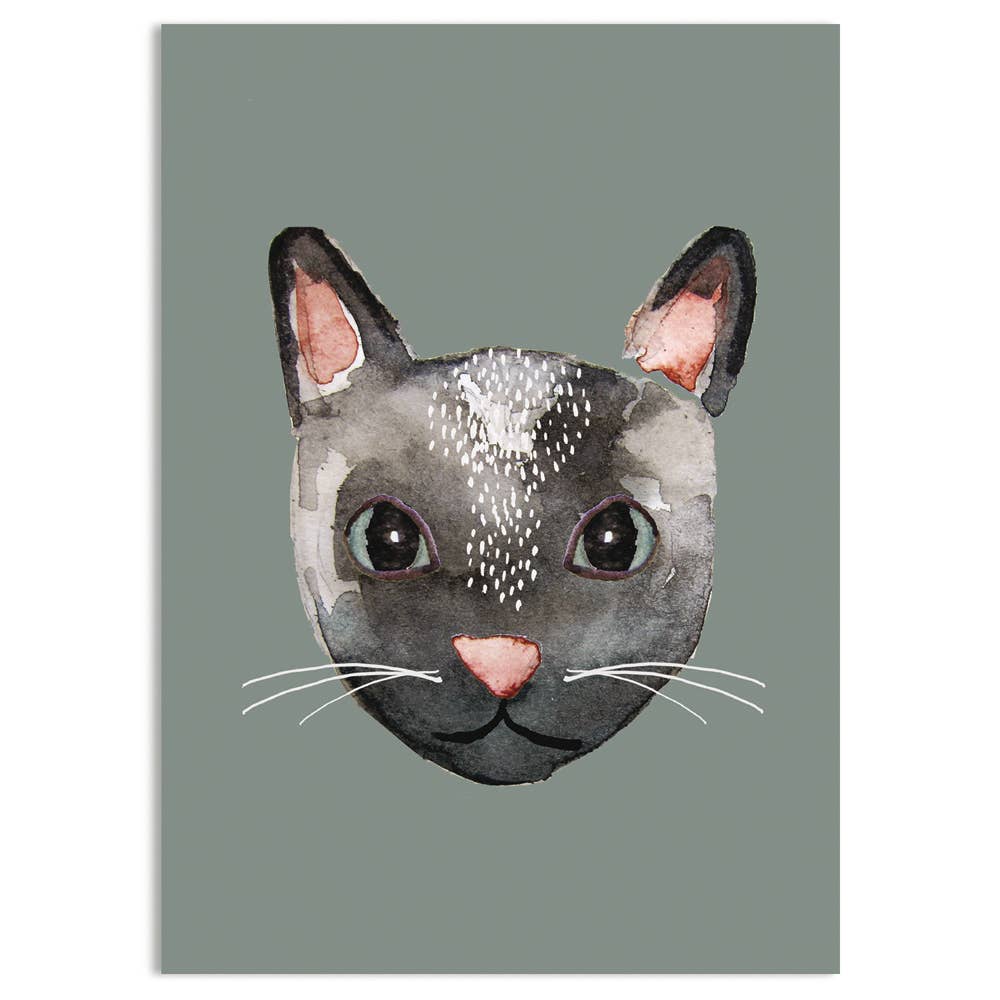 A vertical art print featuring a watercolor-style illustration of a gray cat's face centered on a muted sage green background.