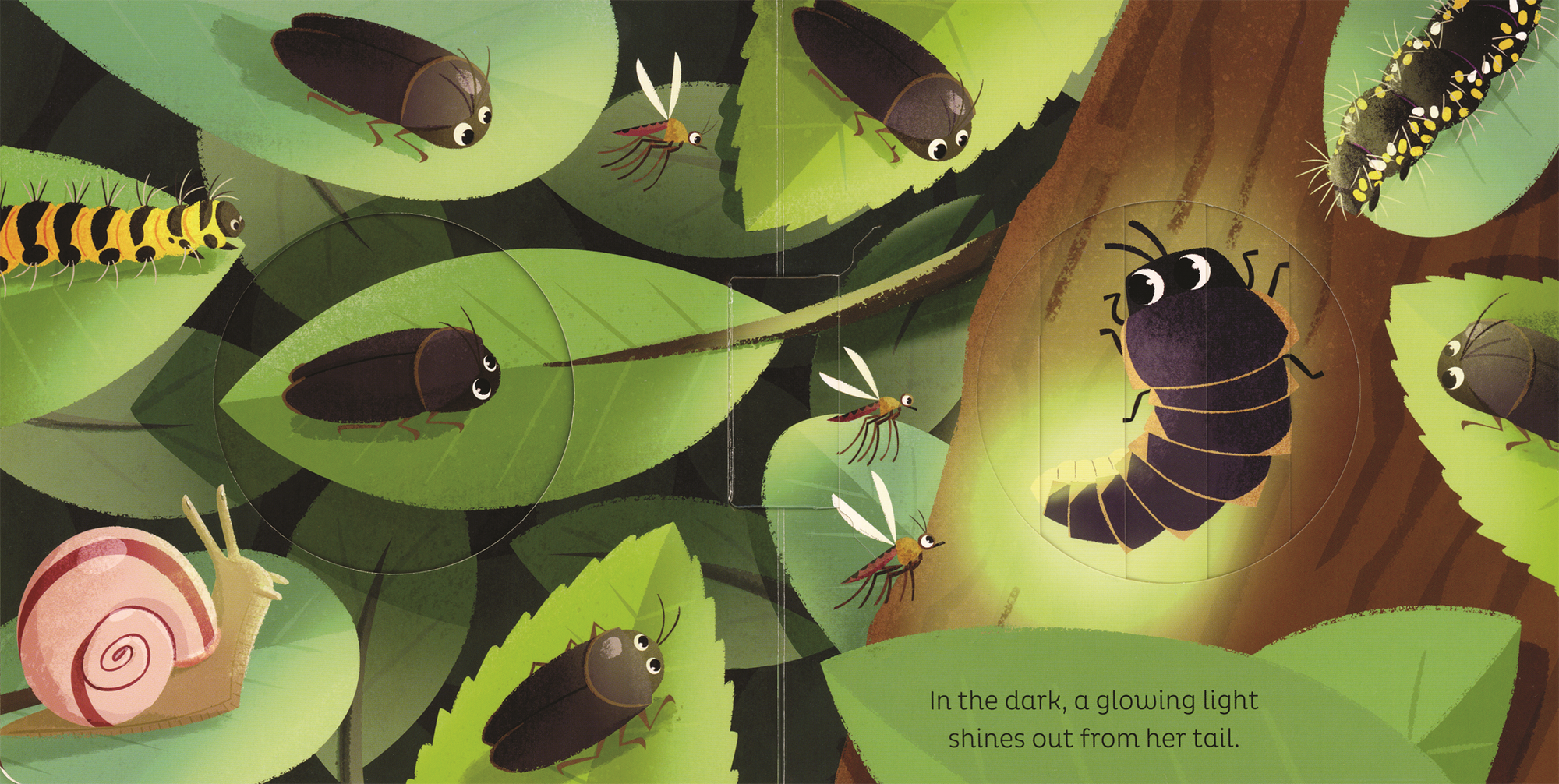 Illustration of insects on leaves with a glowing caterpillar, suitable for a children's book.
