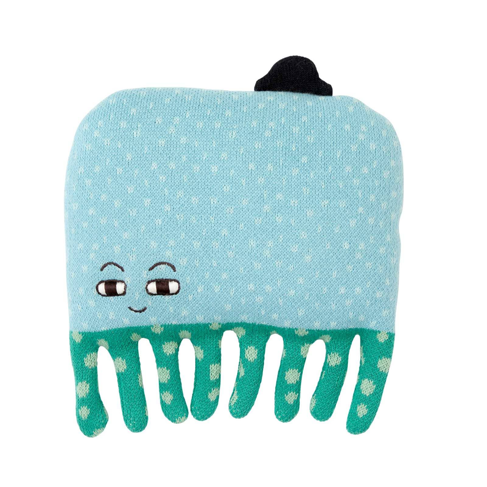 Plush toy resembling an octopus with a smiling face on a white background