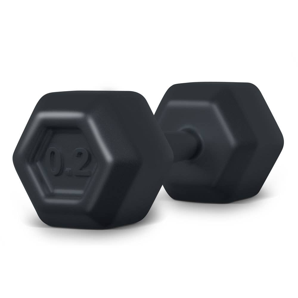 Pair of black hexagonal dumbbells on a white background