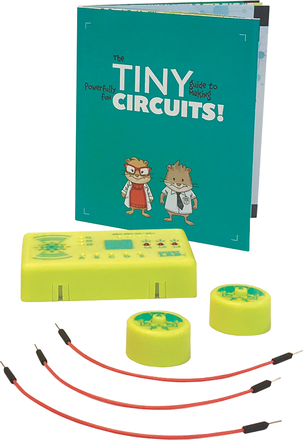 Educational kit for making circuits with a book titled 'The Tiny Circuits!' on a white background.