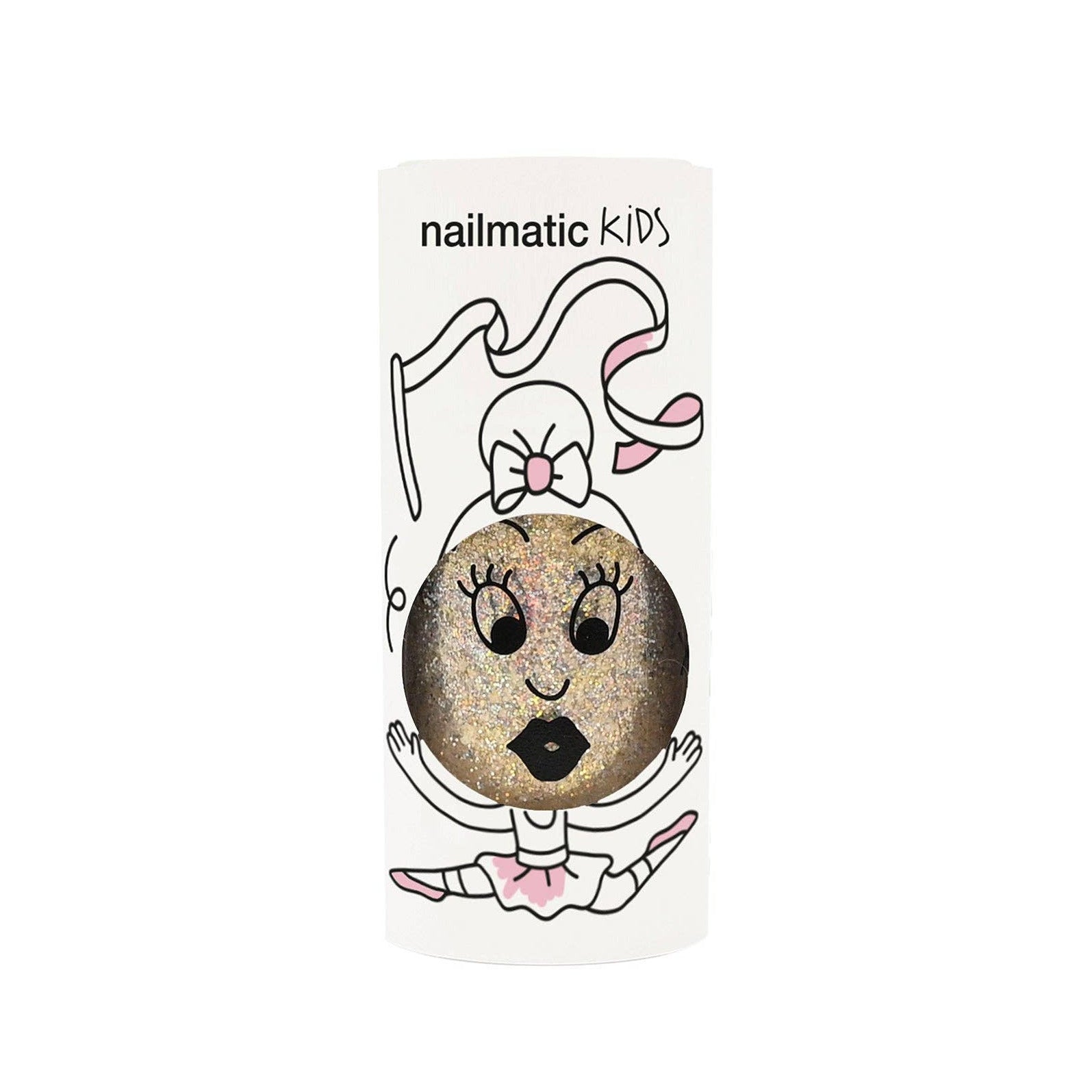 A nail polish bottle with a white cap featuring a cartoon illustration of a round glittery face with black lips and a pink bow, under the brand name 'nailmatic KIDS'.