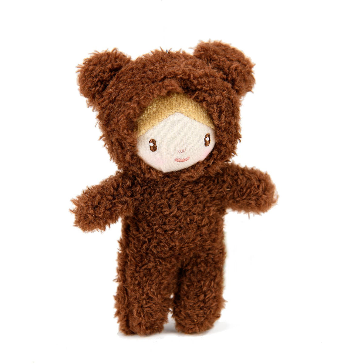 Stuffed toy in a brown bear costume on a white background
