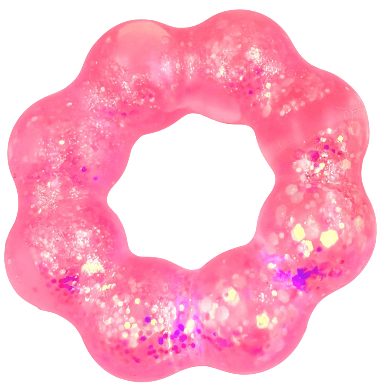 Pink glittery donut-shaped object on a white background