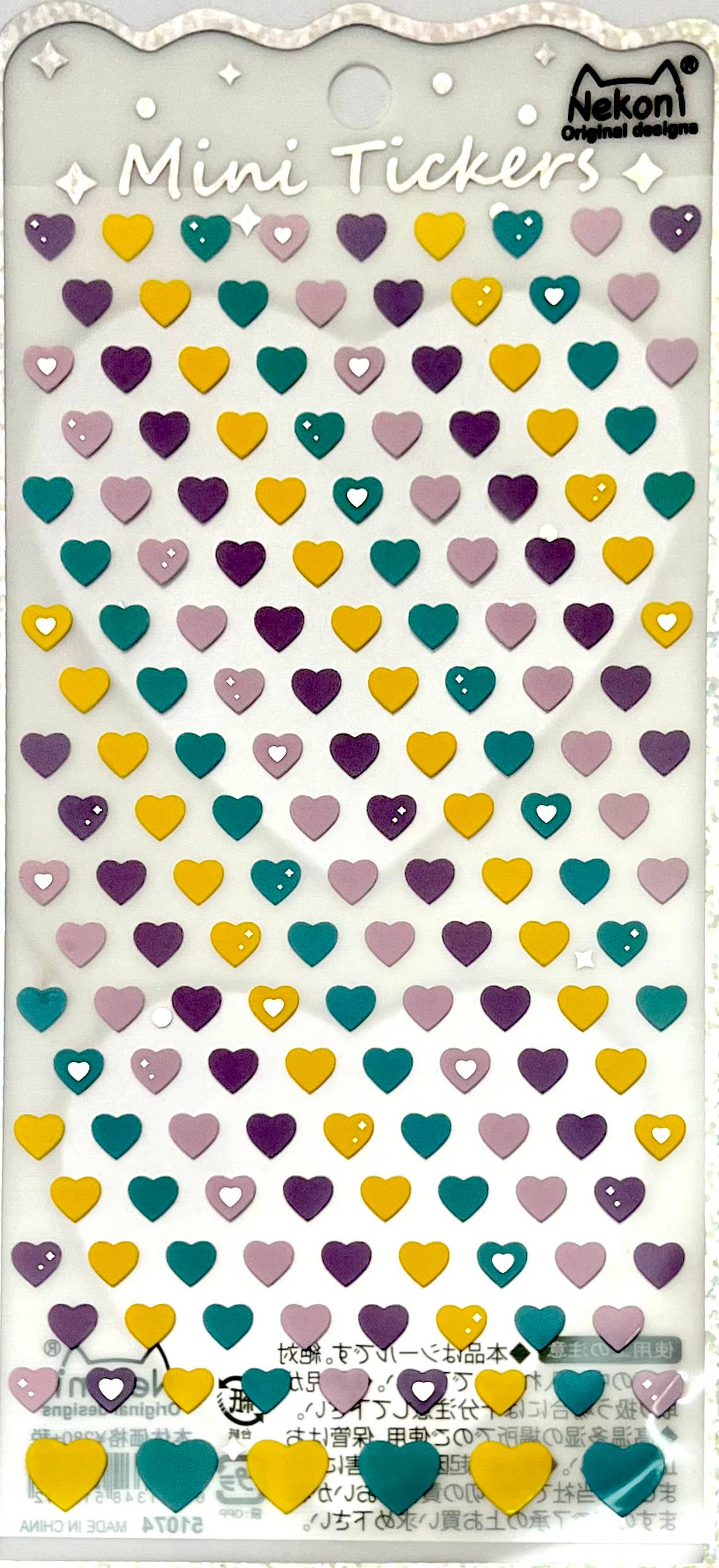 Sheet of colorful heart-shaped stickers with a brand label on a white background
