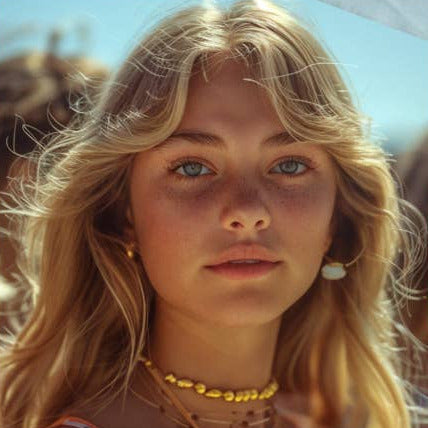 Advertisement for Fazit faux freckle makeup patch with a model and text about sun-kissed look.