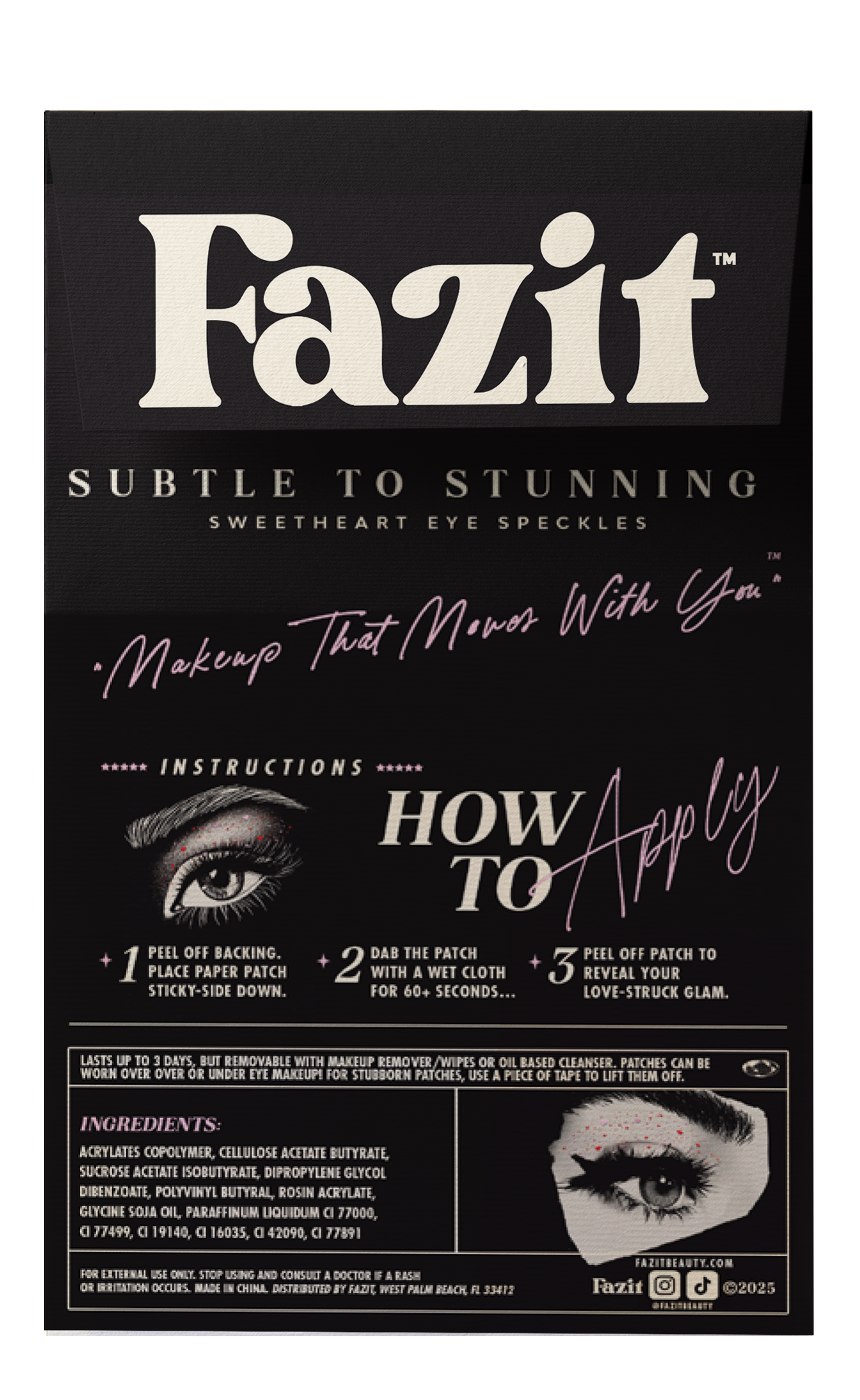 Fazit makeup packaging with instructions and product images on a black background
