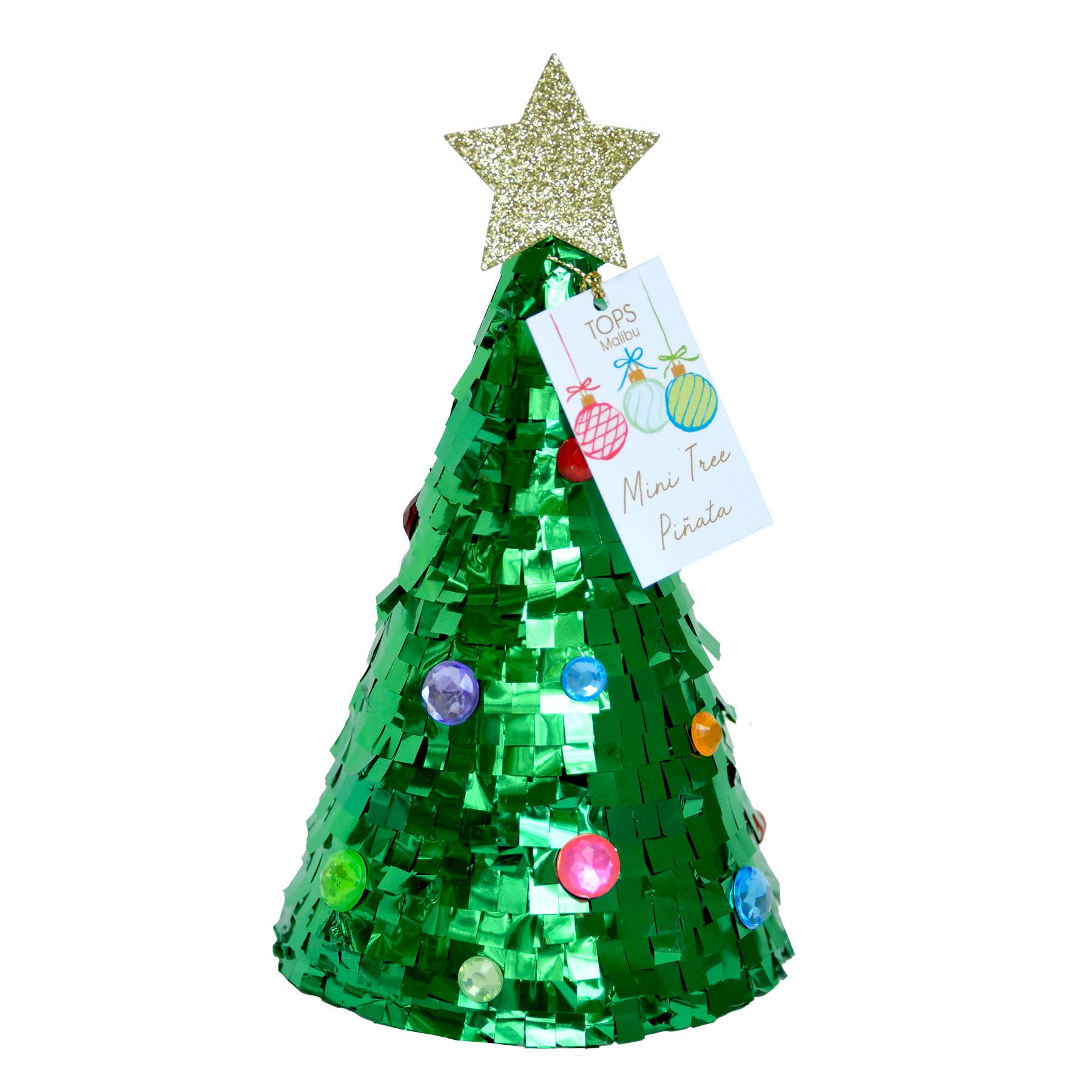 Green festive tree-shaped pinata with colorful decorations and a star on a white background