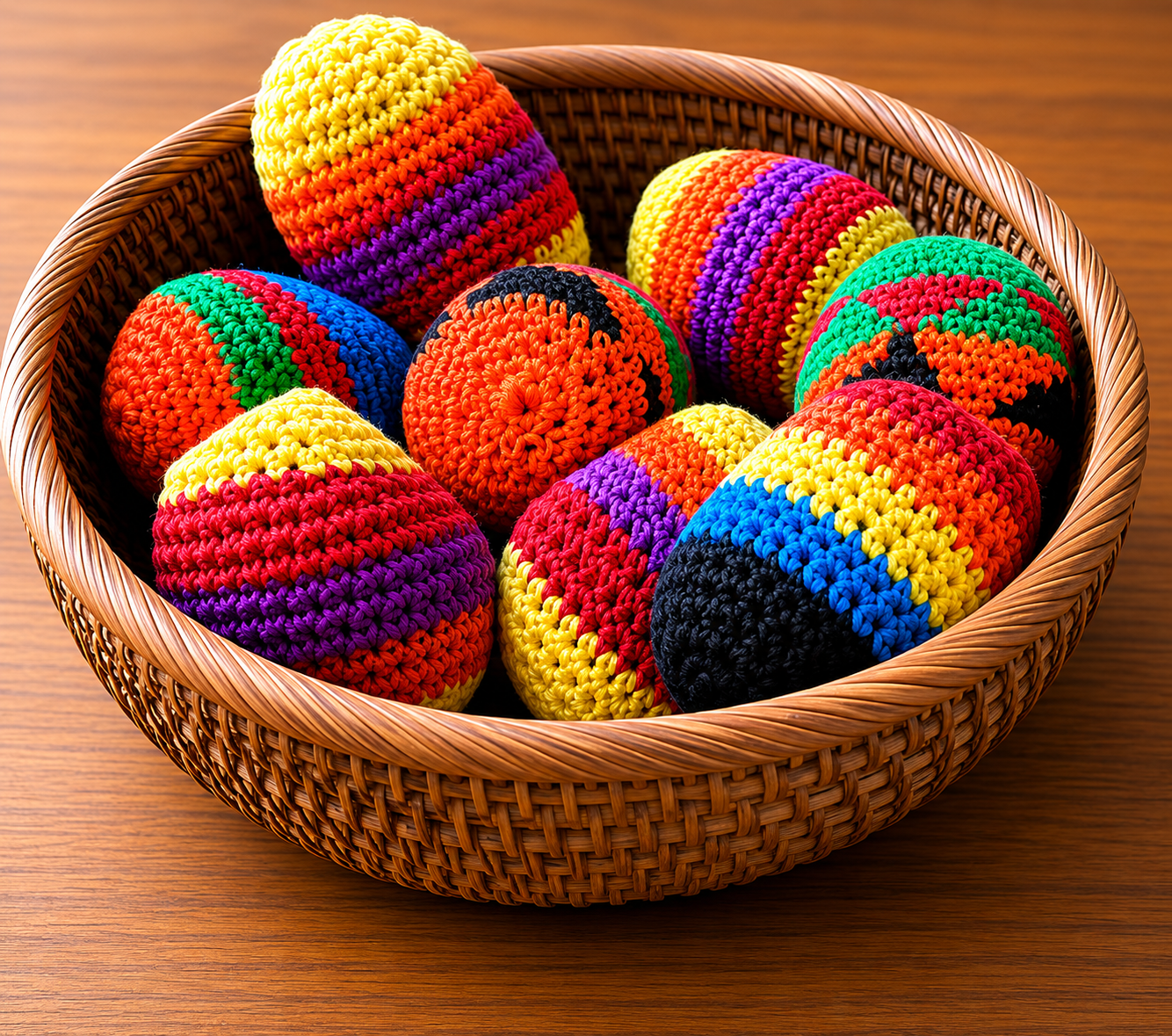 Colorful crocheted balls in a woven basket on a wooden surface