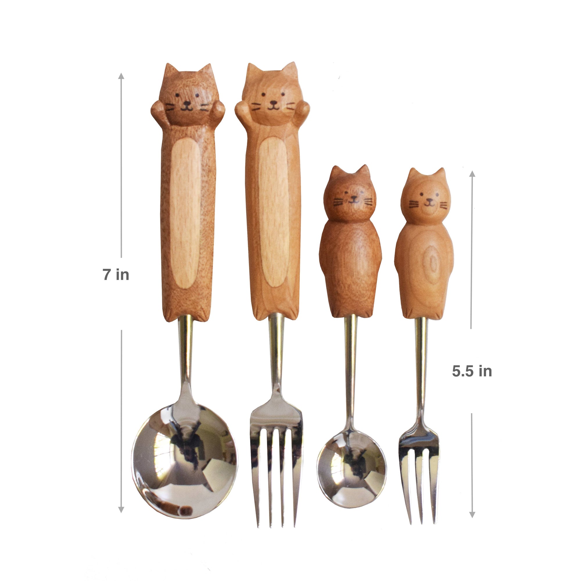 Set of four wooden-handled cutlery with cat designs, including two forks and two spoons, with measurements indicated.