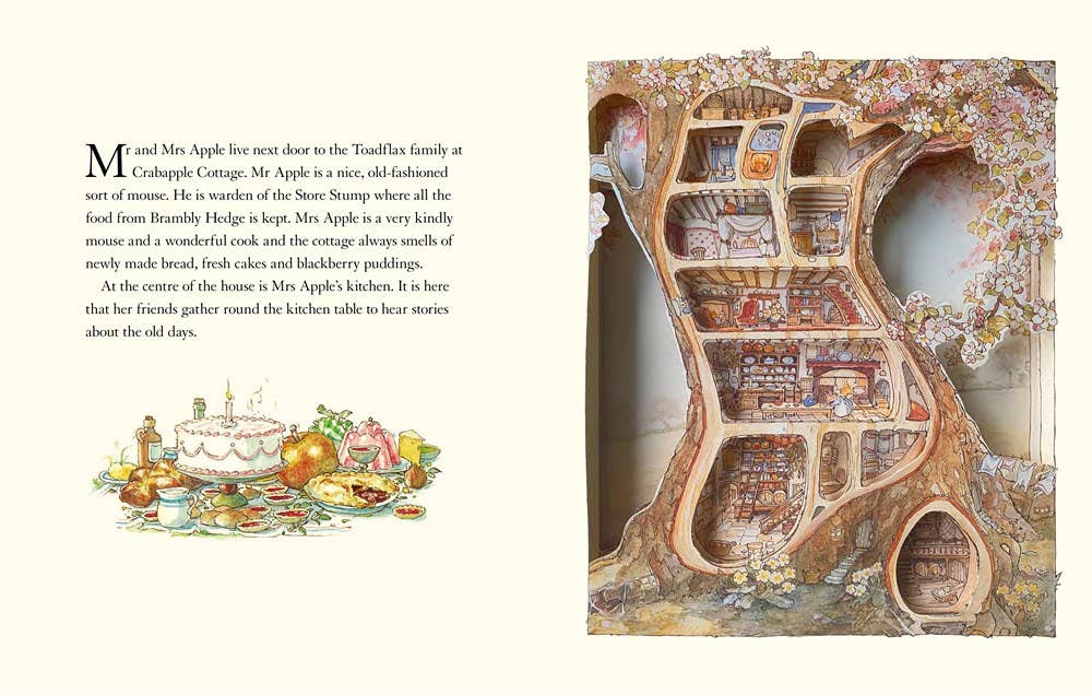 Illustrated book page with a detailed interior of a cottage and a small illustration of a cake and apples.