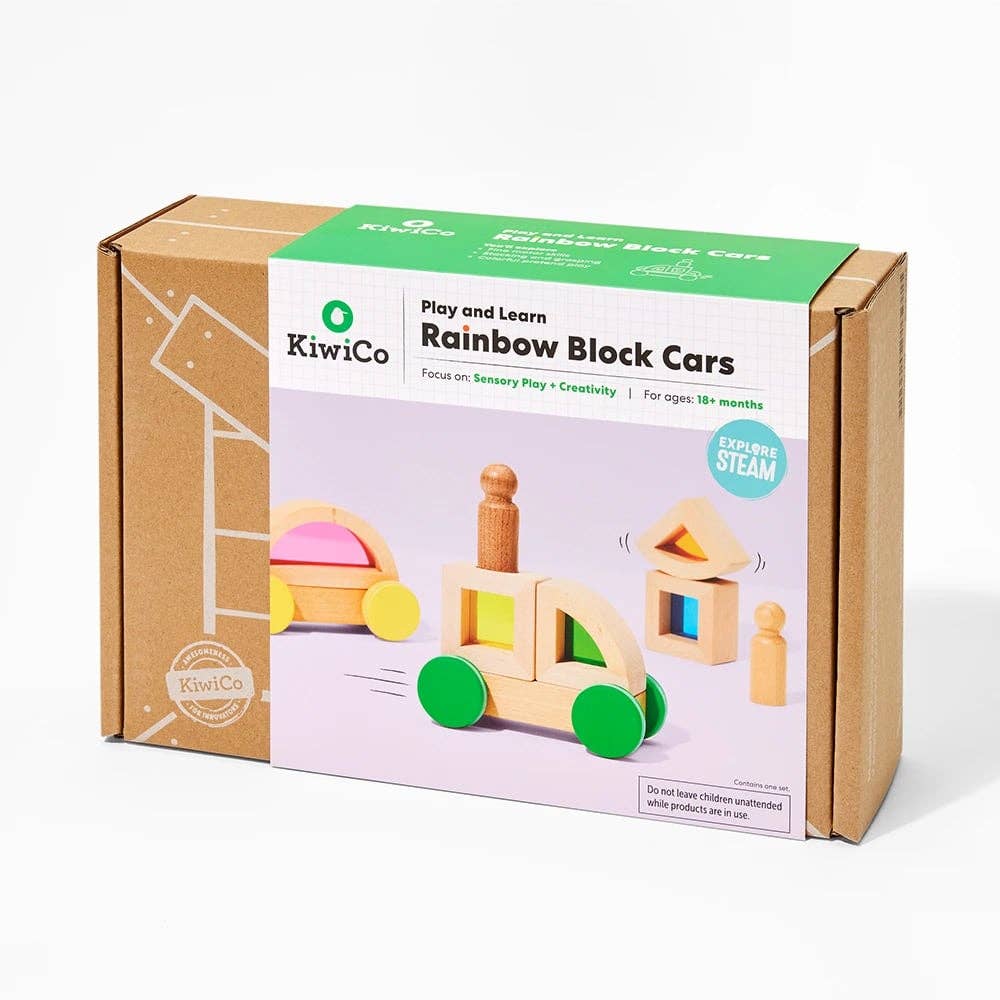 KiwiCo Rainbow Block Cars toy packaging on a white background