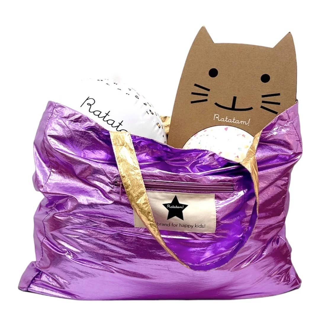 Purple bag with a cardboard cat-shaped handle on a white background