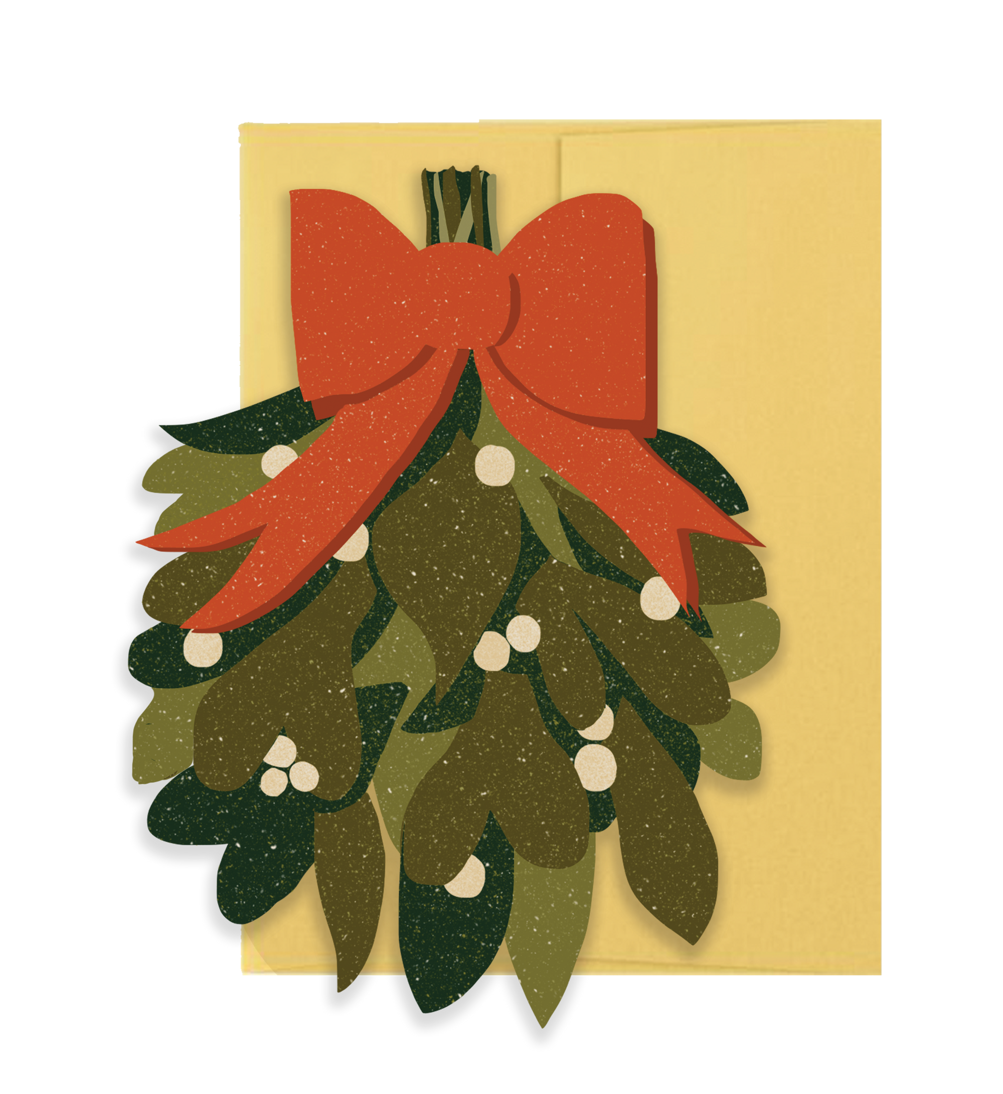 Christmas card with mistletoe and red bow on a yellow background