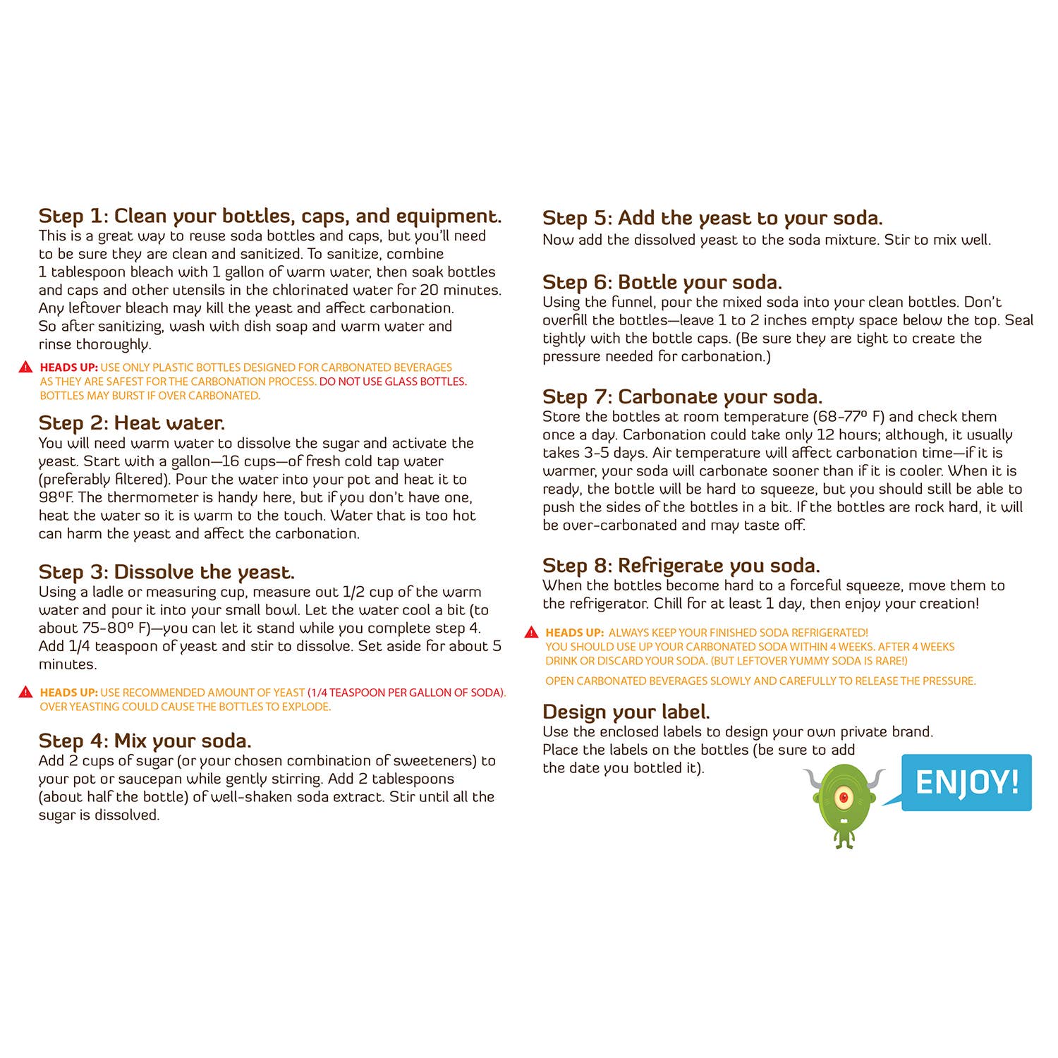 Instructions for making homemade soda with steps and a 'Enjoy' button at the bottom.