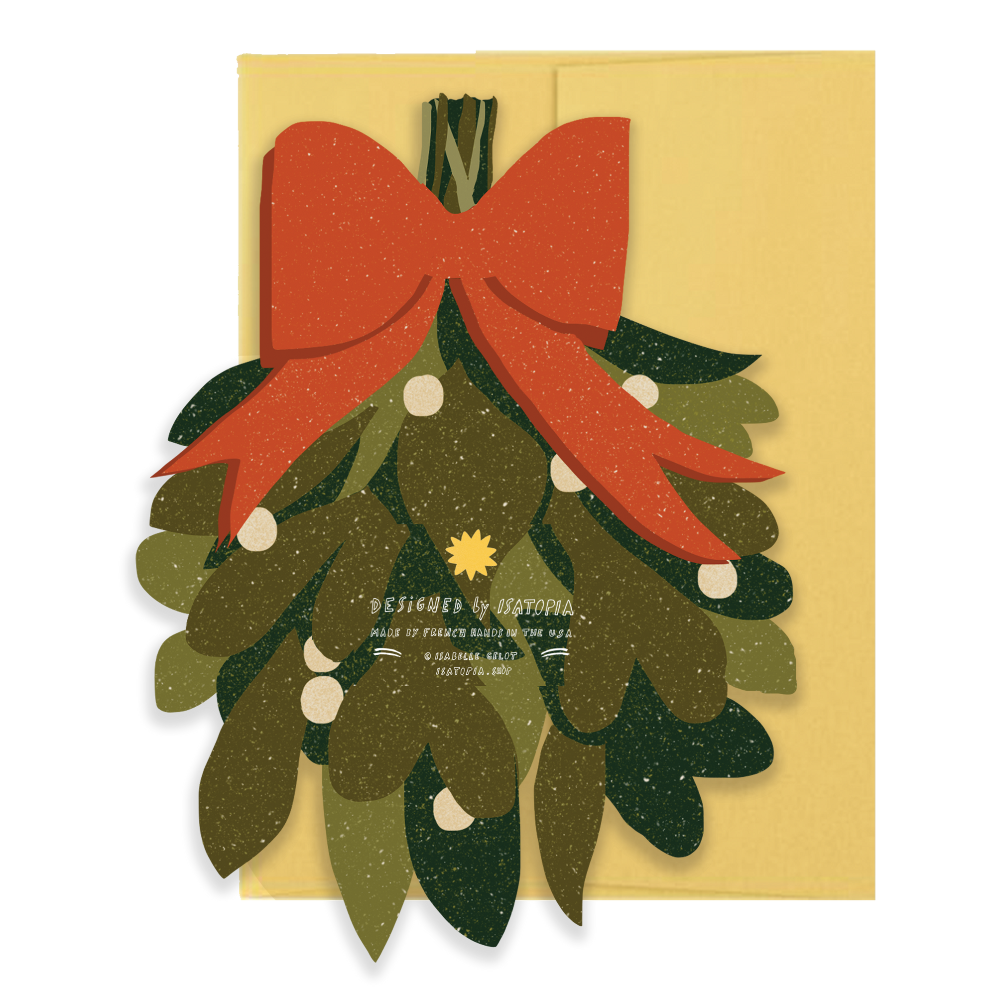 Christmas card with a red bow and green mistletoe on a beige background