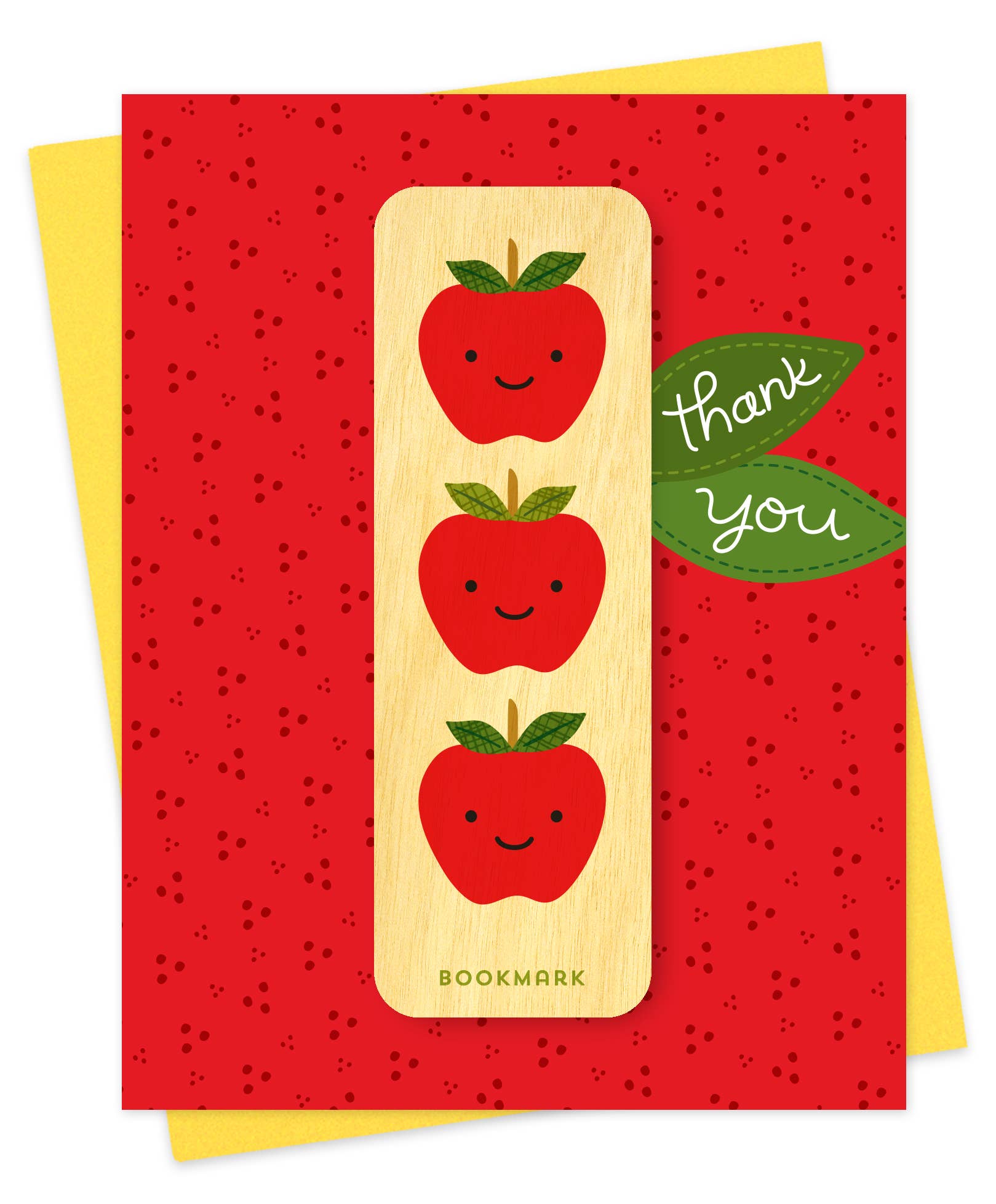 Bookmark with apple design on a red card with 'Thank You' text