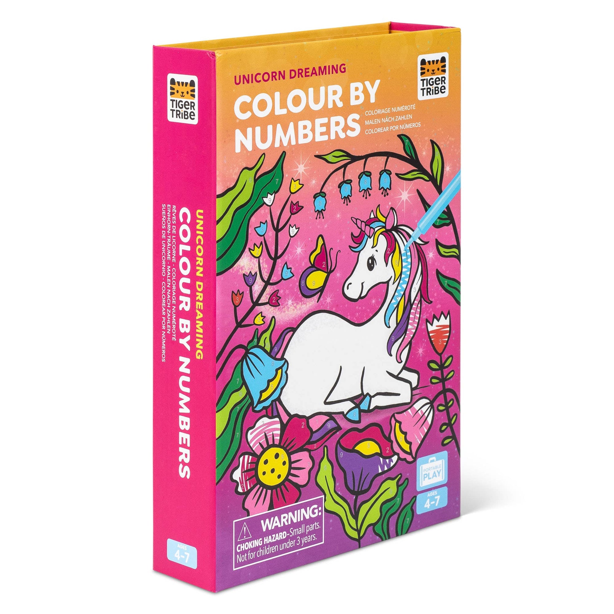 Color by numbers kit with unicorn design on a white background