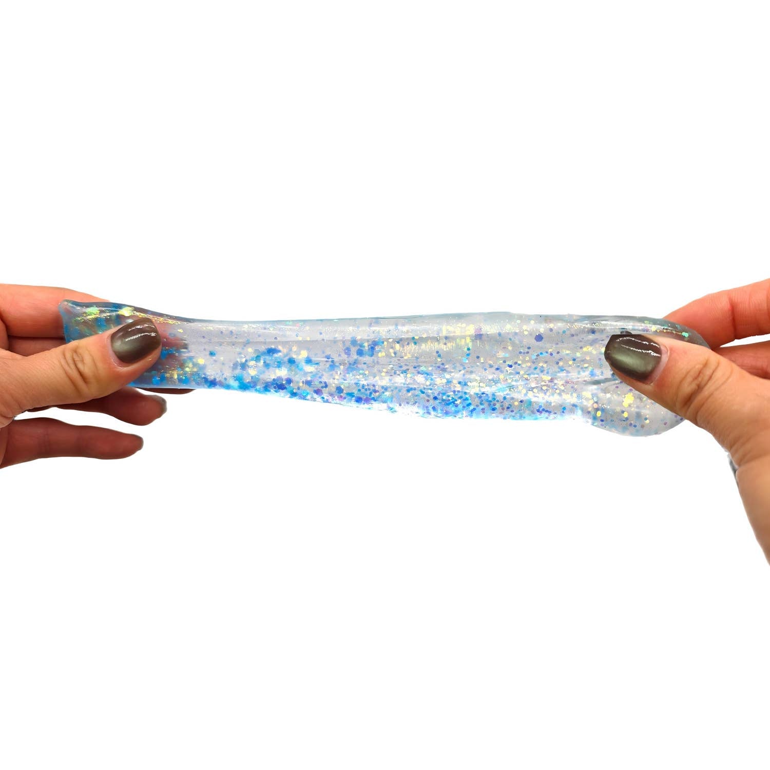 Clear slime with blue glitter held between two hands on a white background