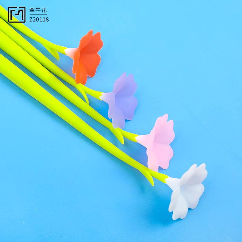 Colorful flower-shaped pens on a blue background