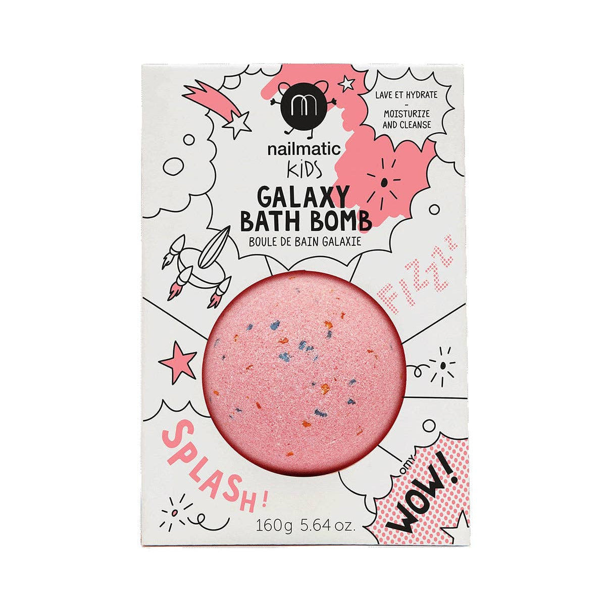 Pink bath bomb with colorful sprinkles on a white box featuring nailmatic branding.