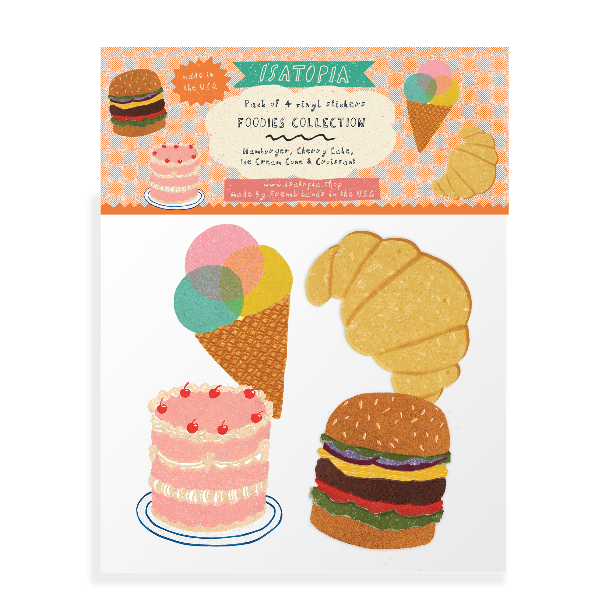 Pack of vinyl stickers featuring food illustrations on a white background