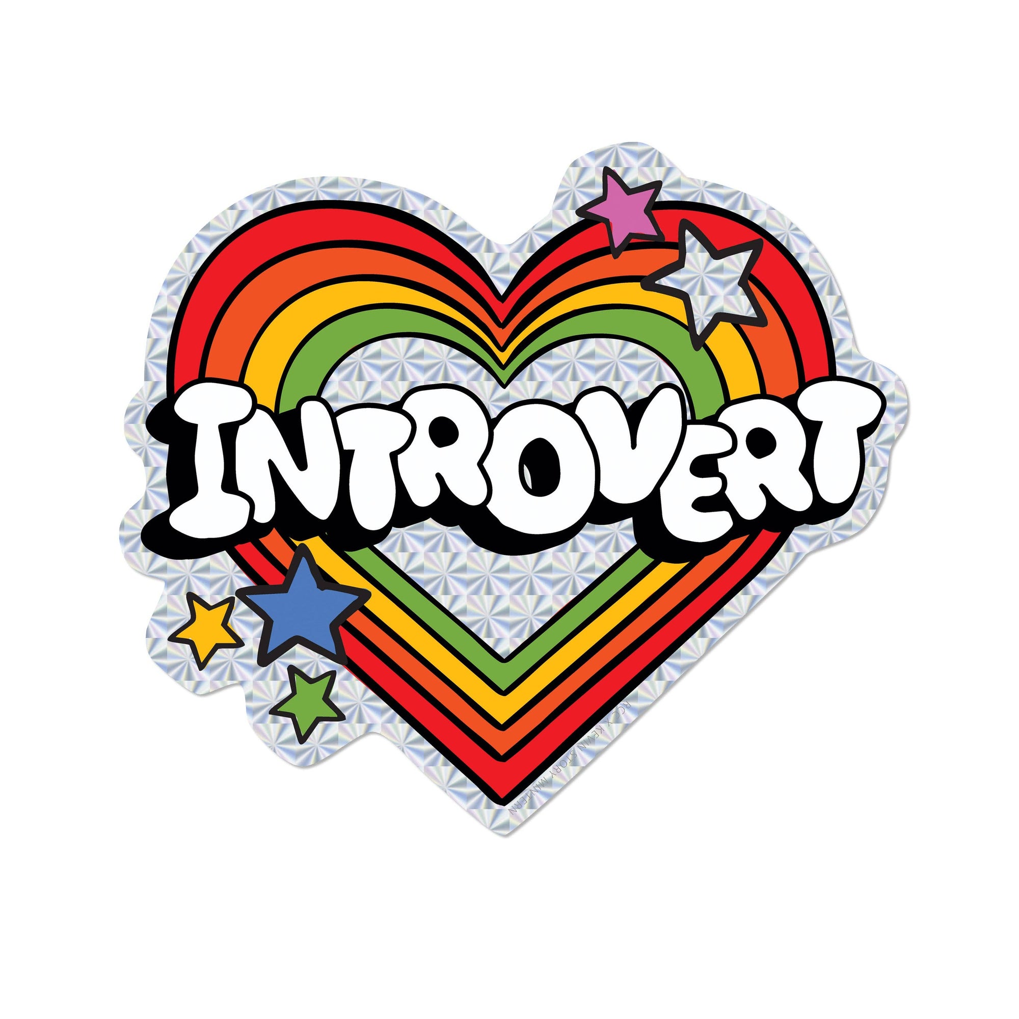 Heart-shaped sticker with rainbow design and the word 'INTROVERT' on a white background