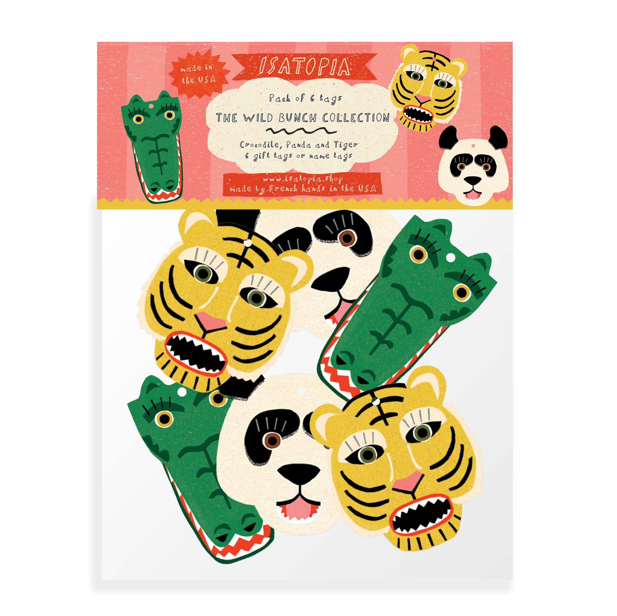 Pack of animal-themed gift tags with colorful designs on a white background
