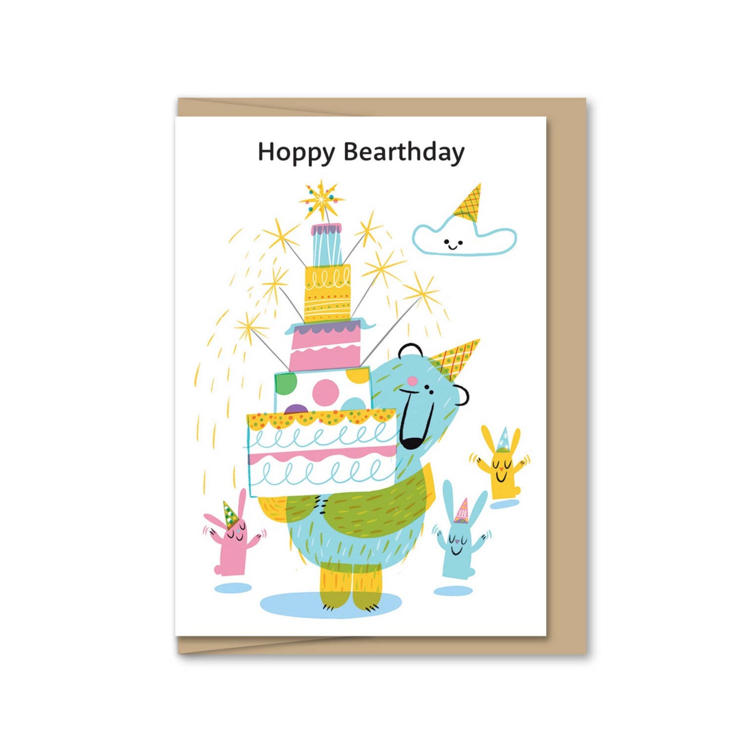 Birthday card with a cartoon bear holding a cake and small characters, on a white background.
