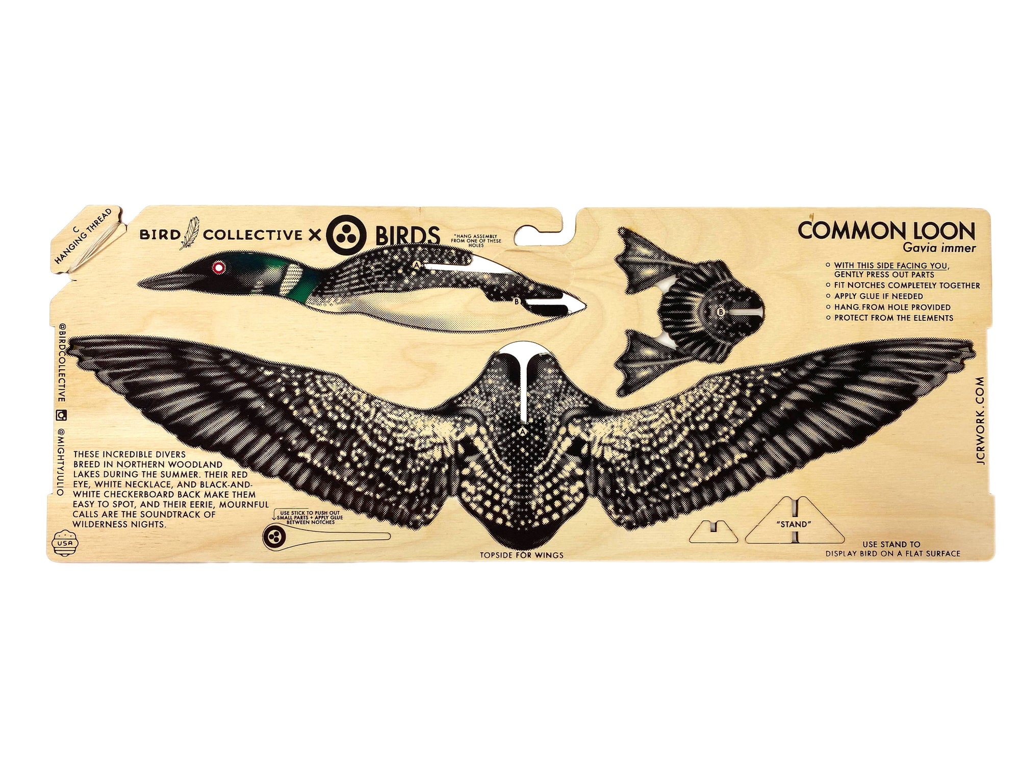 Bird-themed puzzle packaging with illustrations of a bird and text on a beige background