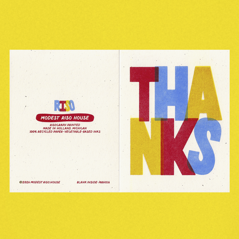 A square art print or card shown front and back on a bright yellow background. The left panel shows the inside with small red, blue, and black text reading 'FISD' and 'MODEST RISO HOUSE'; the right panel shows the outside with large overlapping letters 'THANKS' in red, blue, and yellow on an off-white field.
