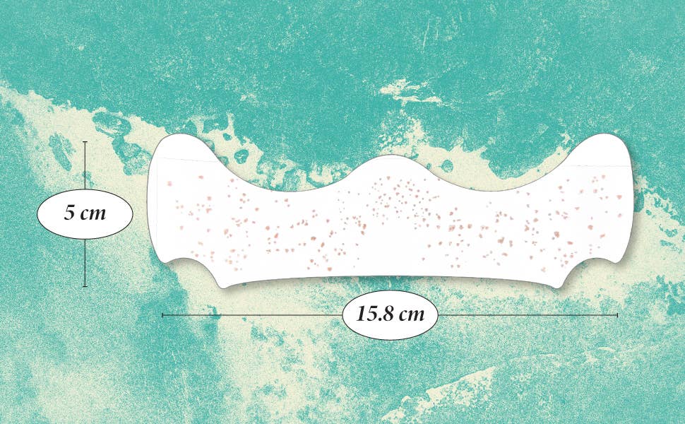Measurement chart showing a white object with dimensions on a textured teal background