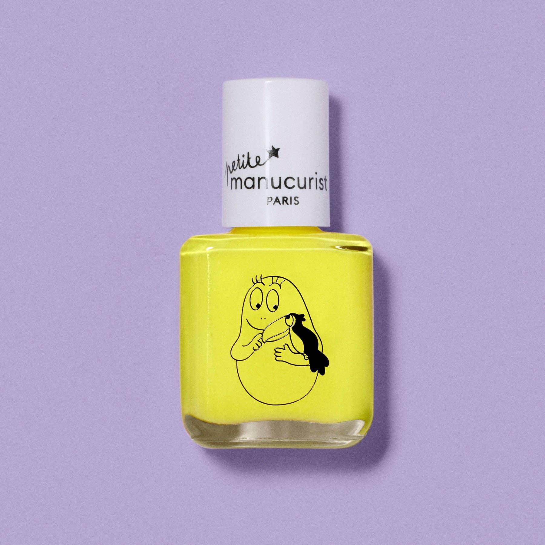A bottle of nail polish with a white cap and a square glass bottle filled with bright yellow polish, featuring a black line art illustration of a cartoon character holding a penguin. The brand 'mimile manucurist PARIS' is printed on the cap.