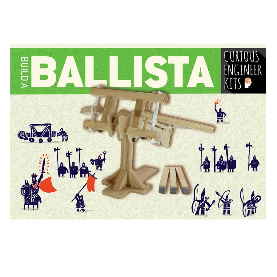 Ballista model kit packaging with wooden ballista structure and illustrations on a beige background.