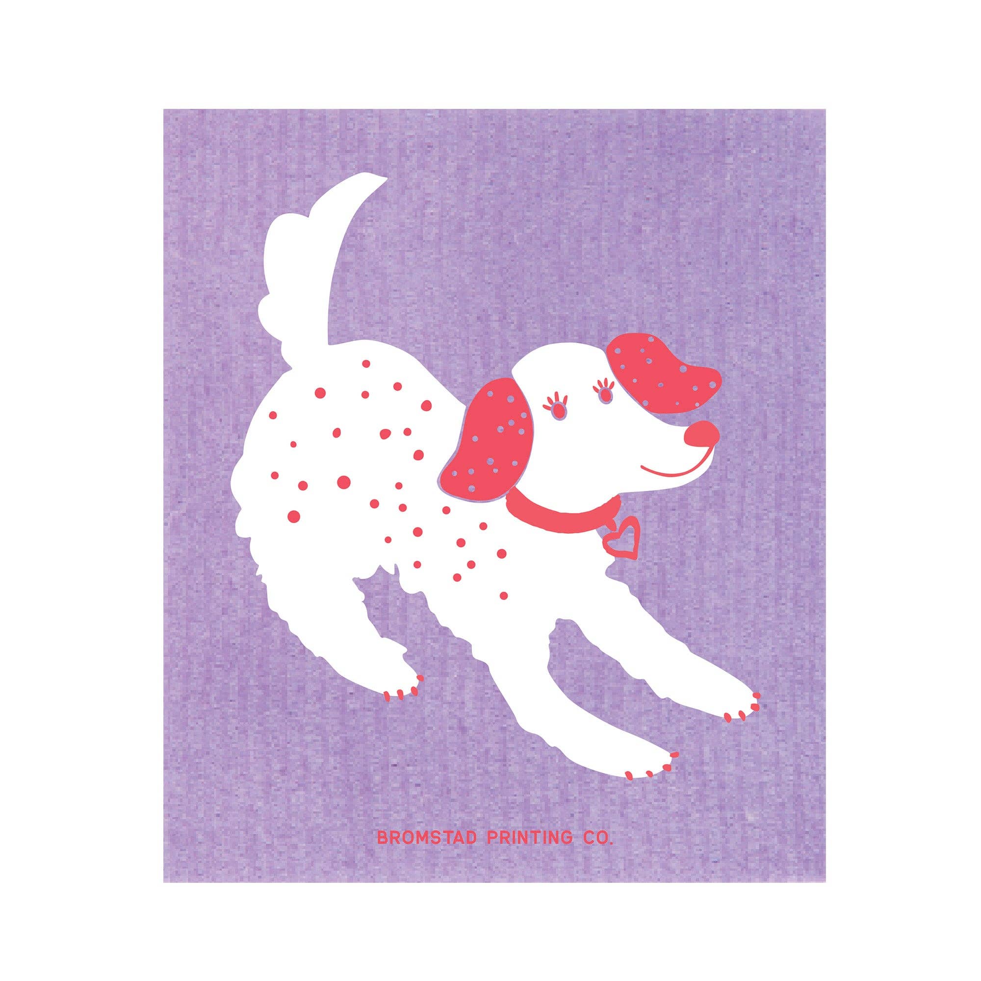 White dog with red spots and a red collar on a purple background, featuring Bromstad Printing Co.