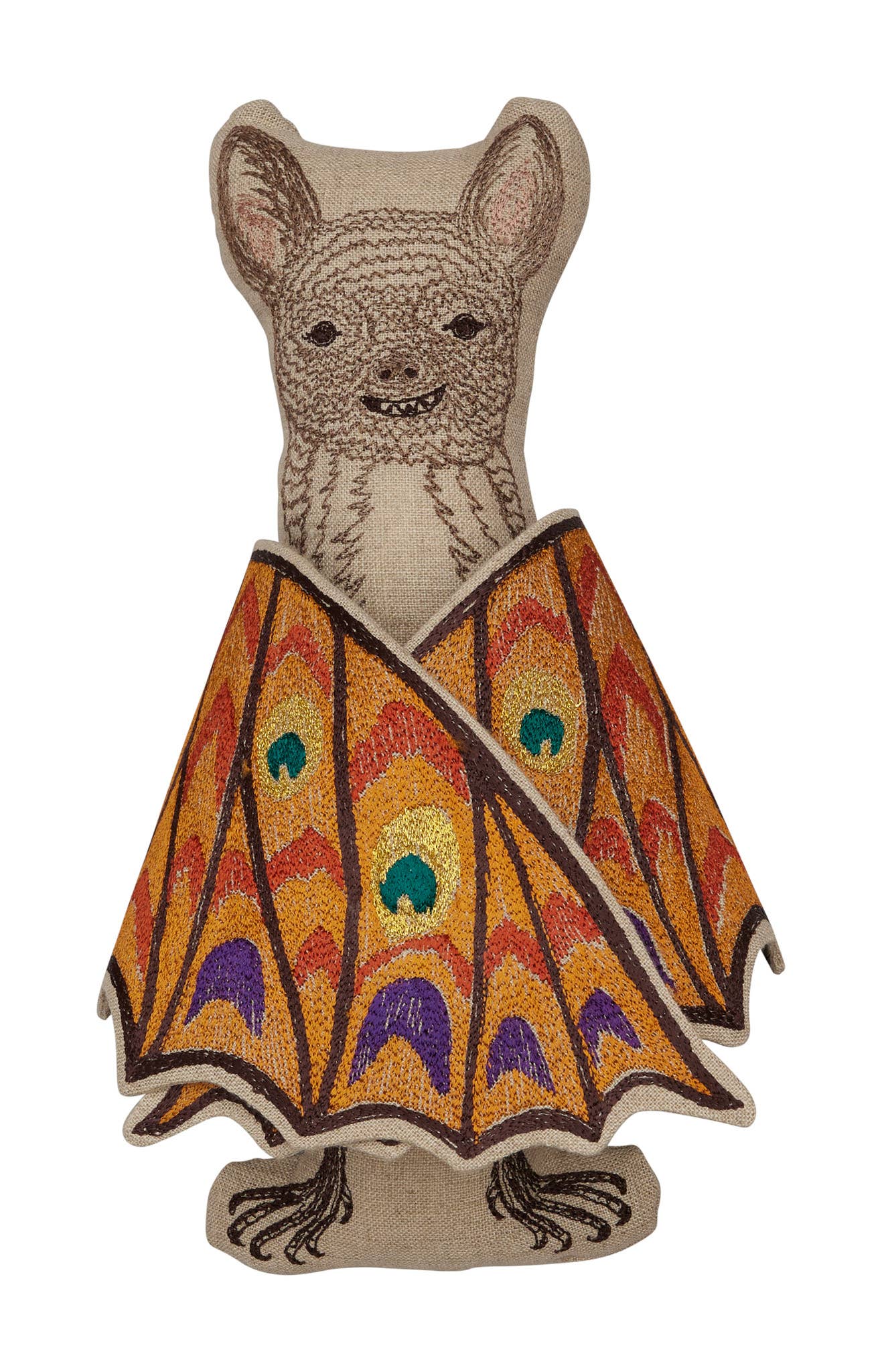 Stuffed toy bat with a colorful pattern on a white background