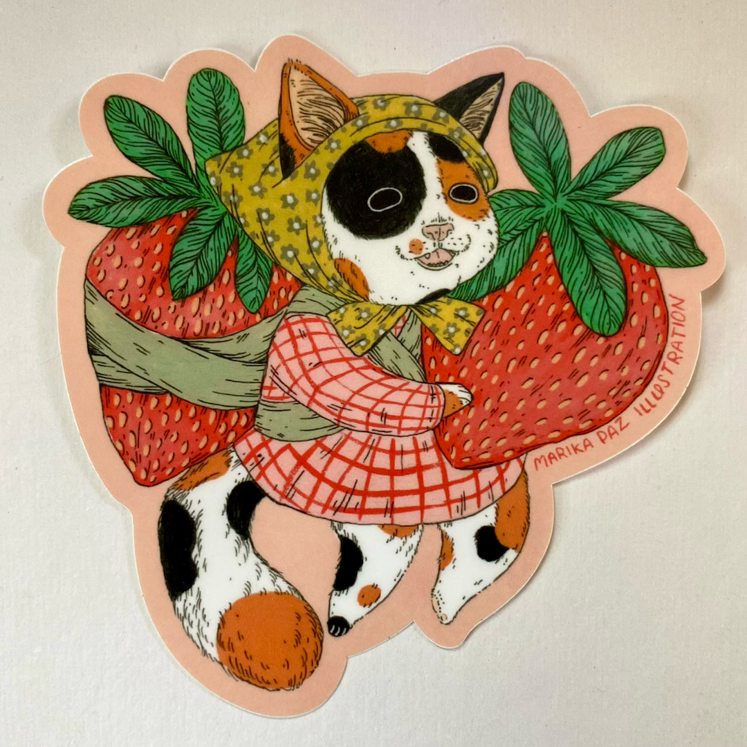 Illustration of a cat in a dress surrounded by strawberries on a light pink background