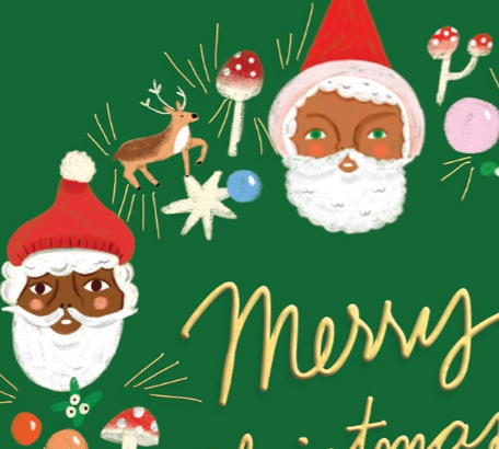 Illustration of a Black Santa Claus with Christmas elements on a green background